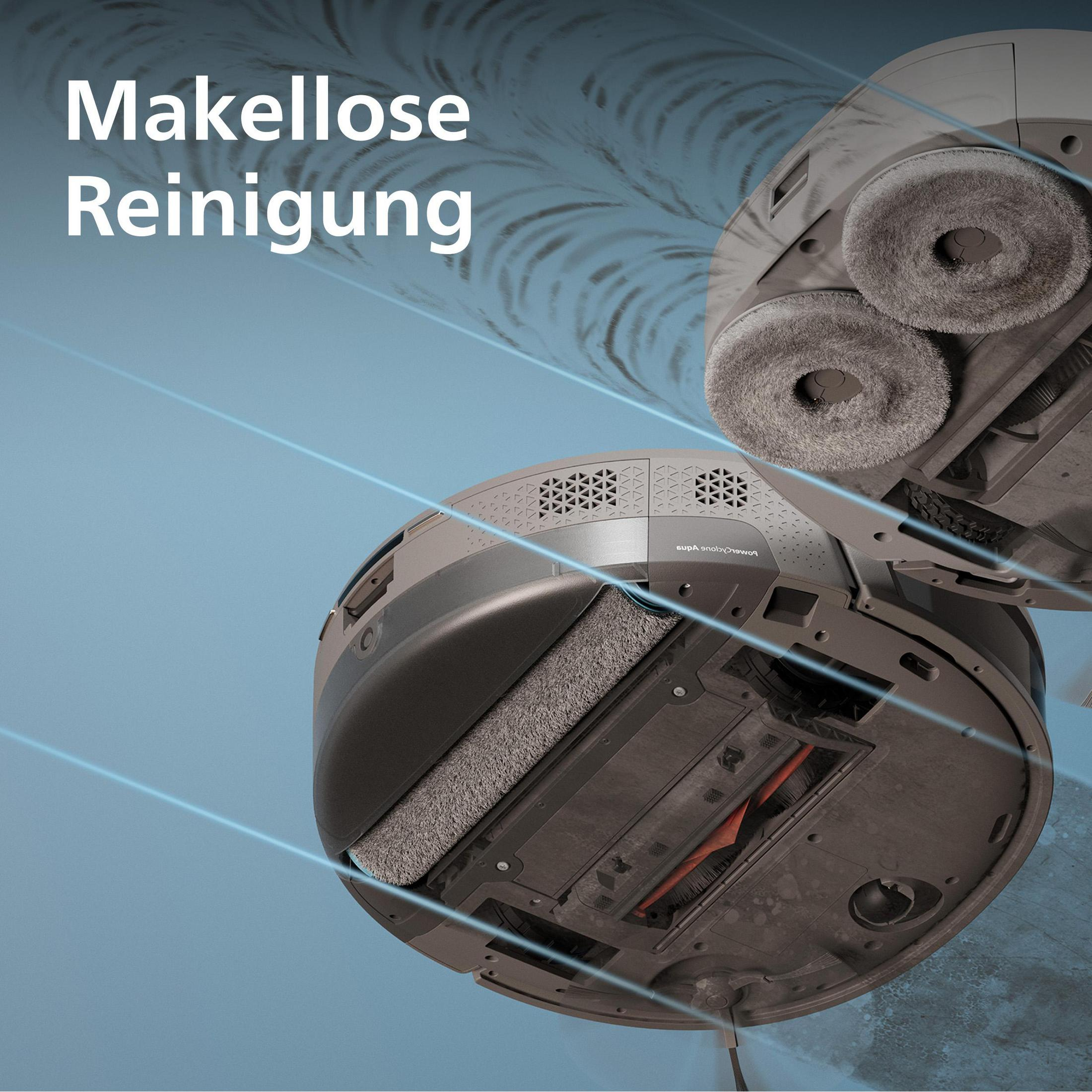 Spód robota sprzątającego. Dwie obrotowe szczotki, szare i nakładka czyszcząca.