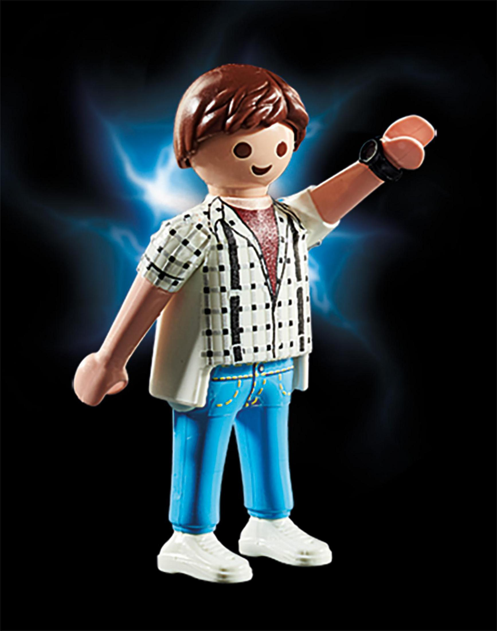 Figurka Playmobil Marty'ego McFly'ego z Powrotu do przyszłości z niebieskim tłem energetycznym.