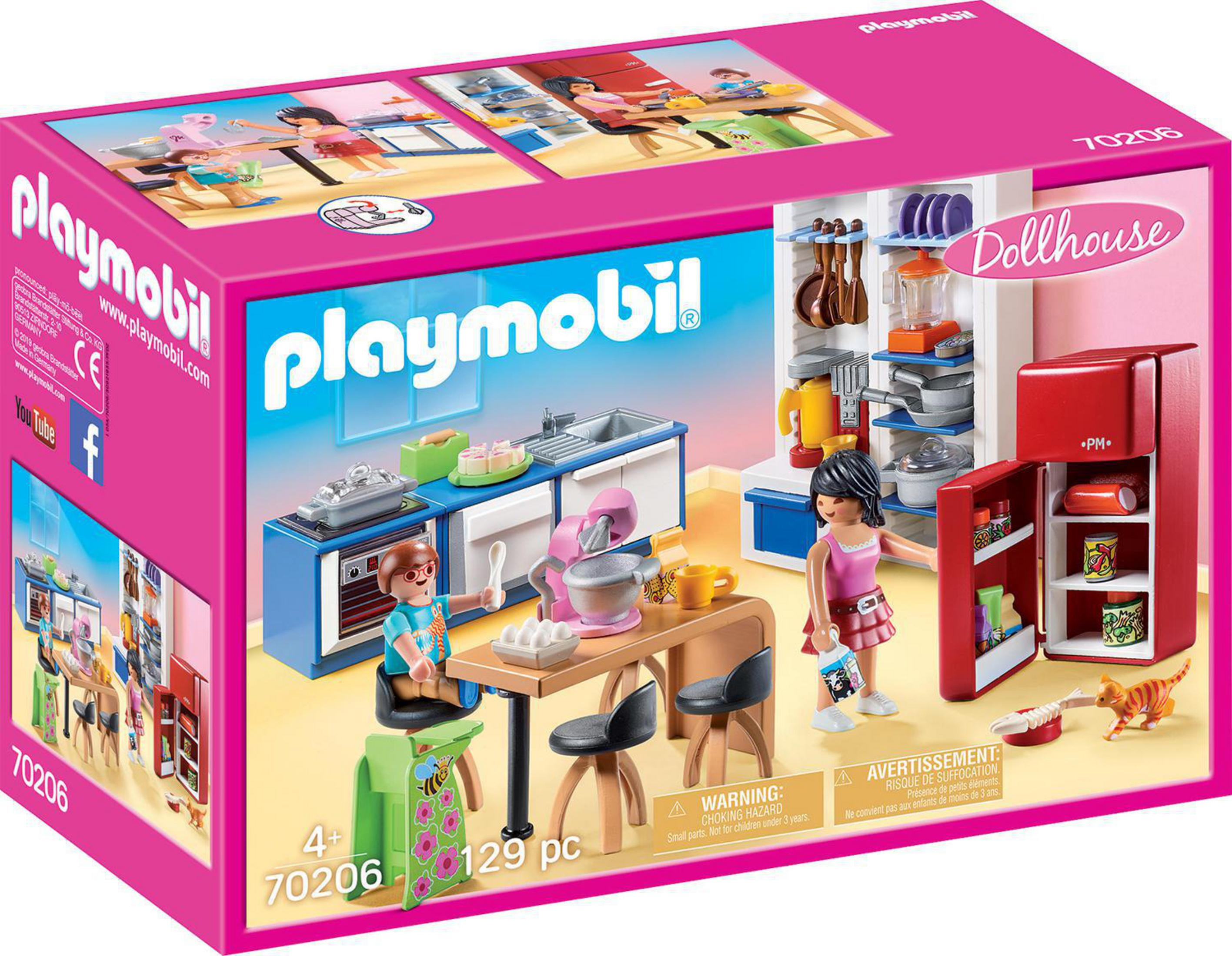 Zestaw do zabawy w kuchnię Playmobil z dwiema figurkami, lodówką i różnymi akcesoriami kuchennymi.