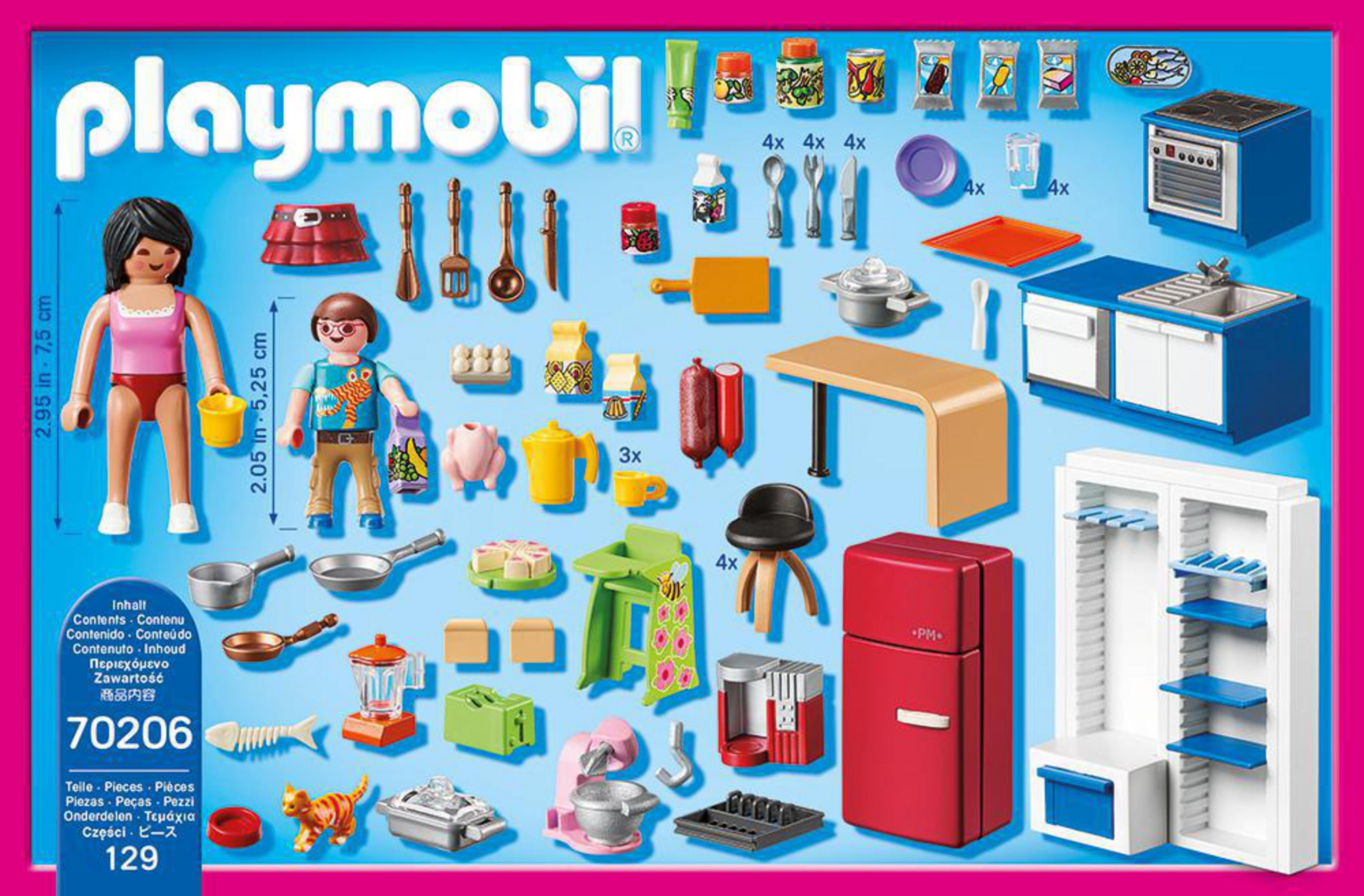 Zestaw Playmobil z żeńską figurką oraz różnymi akcesoriami kuchennymi i artykułami spożywczymi.