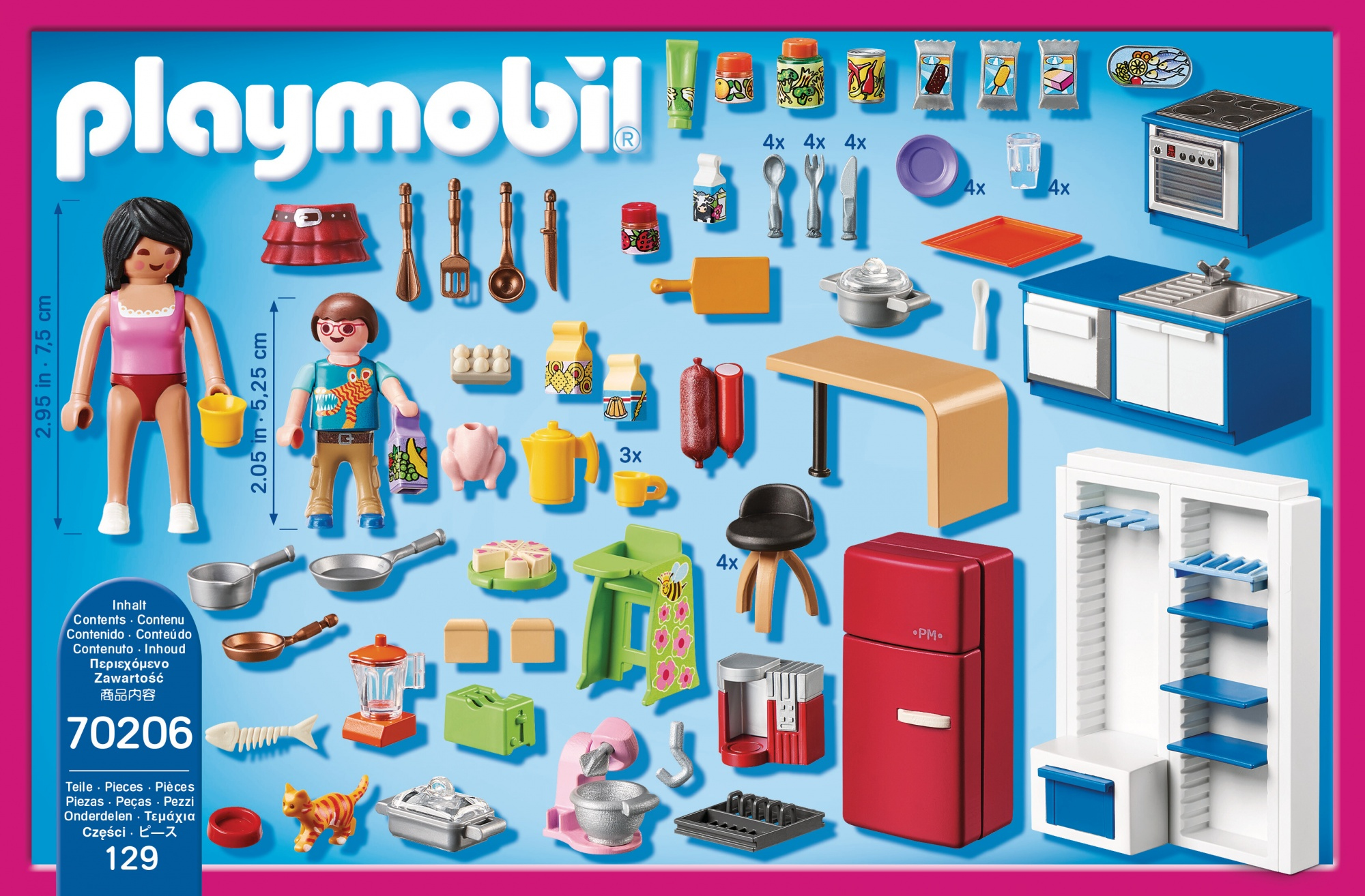 Zestaw kuchenny Playmobil z różnymi akcesoriami kuchennymi, w tym lodówką, jedzeniem i przyborami.