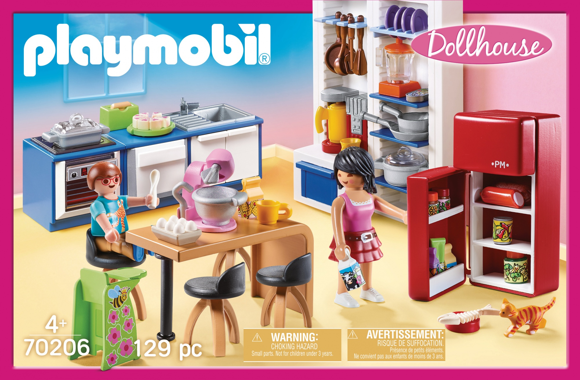 Zestaw kuchenny Playmobil z dwiema figurkami oraz różnymi urządzeniami kuchennymi i produktami spożywczymi.