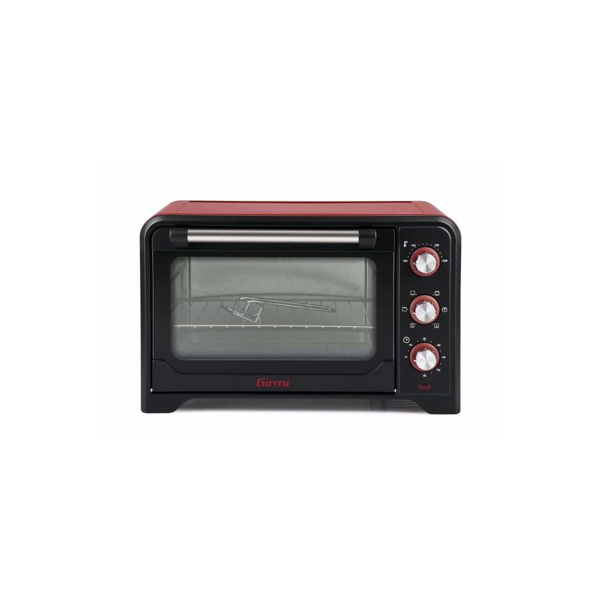 Czerwono-czarny piekarnik Girmi, ze szklanymi drzwiami i trzema pokrętłami po prawej stronie.