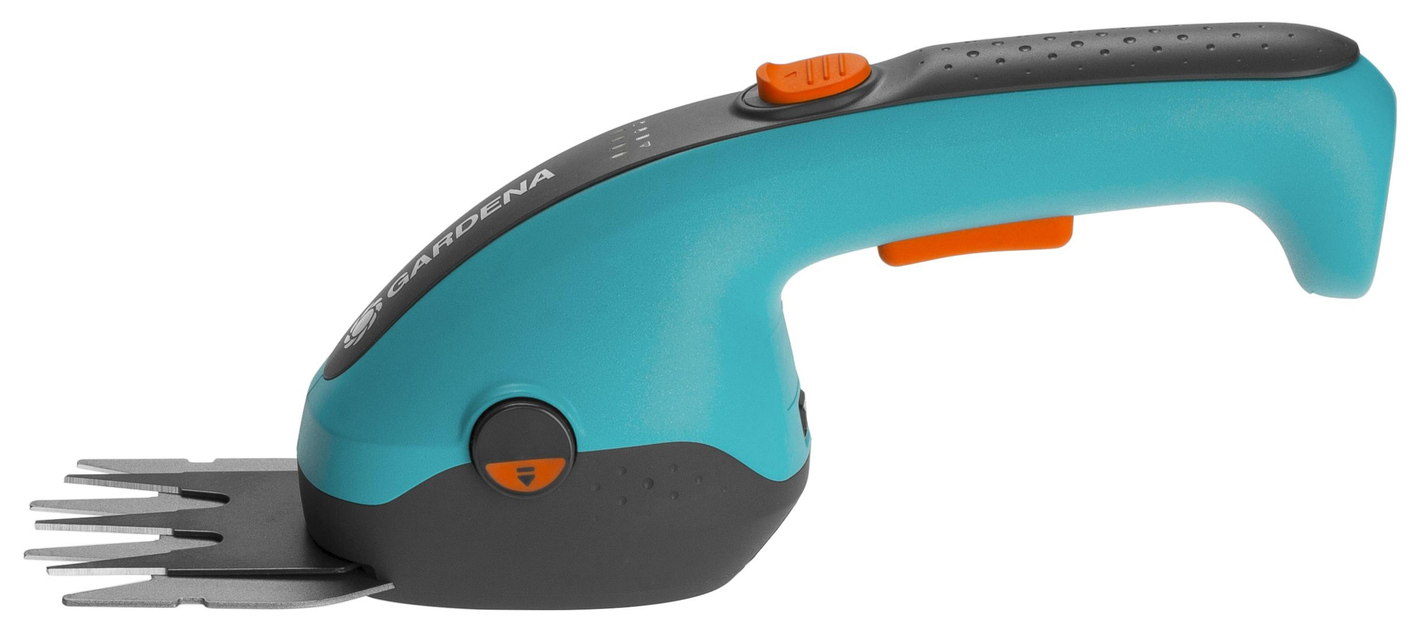 Nożyce do trawy Gardena, turkusowo-czarne, z pomarańczowymi akcentami i ostrzem.