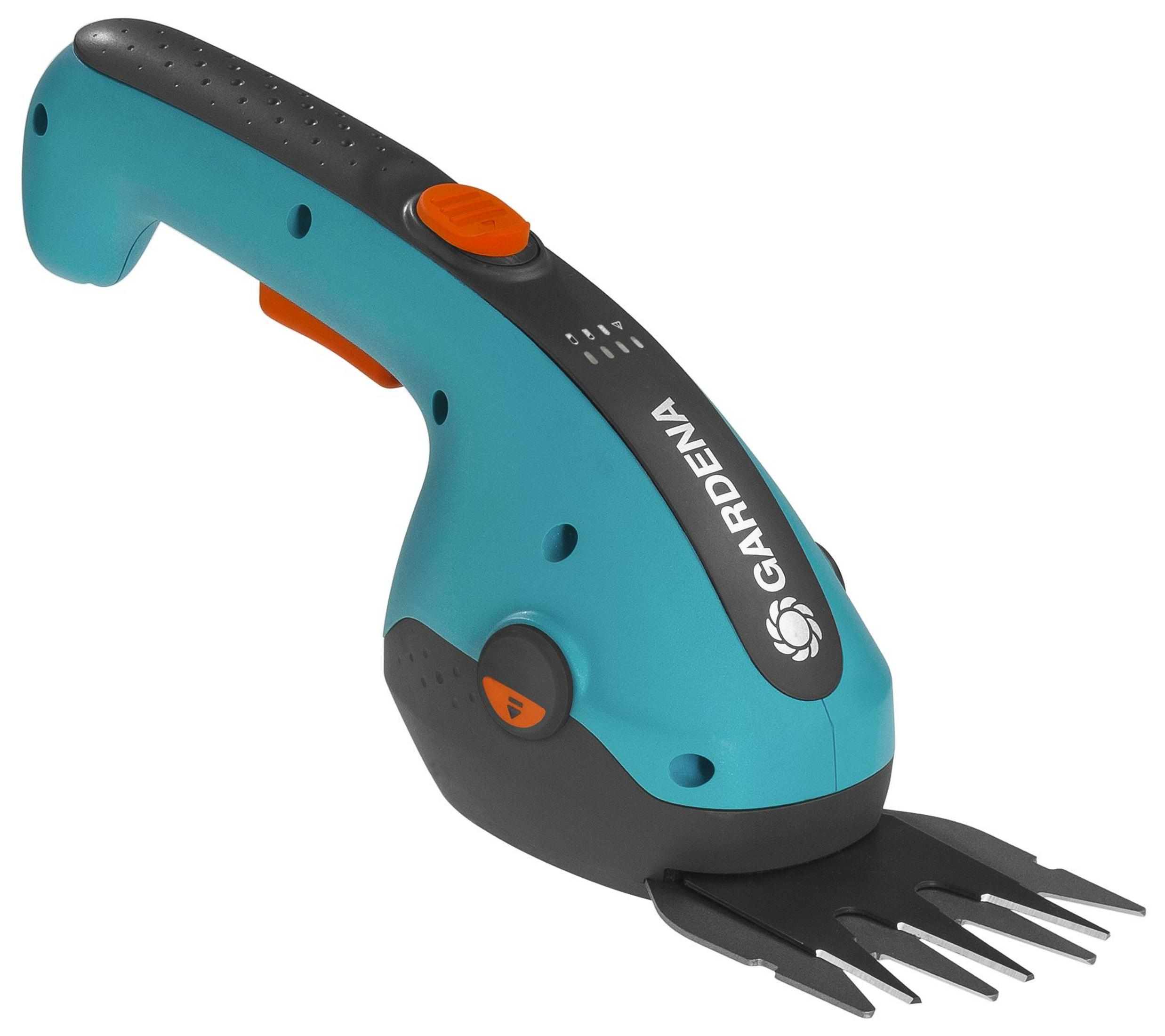 Nożyce do trawy Gardena, turkusowo-czarne, z pomarańczowymi akcentami i ostrzem.