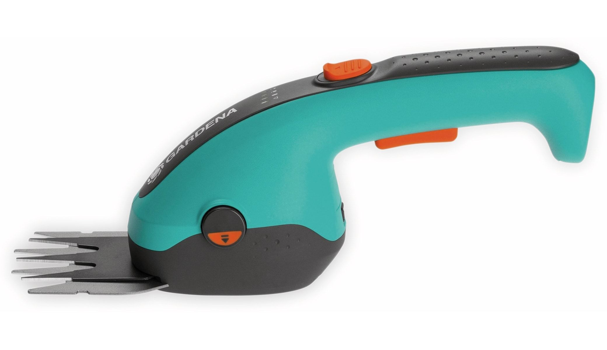 Nożyce do trawy Gardena, turkusowo-czarne, z pomarańczowymi akcentami i ostrzem.