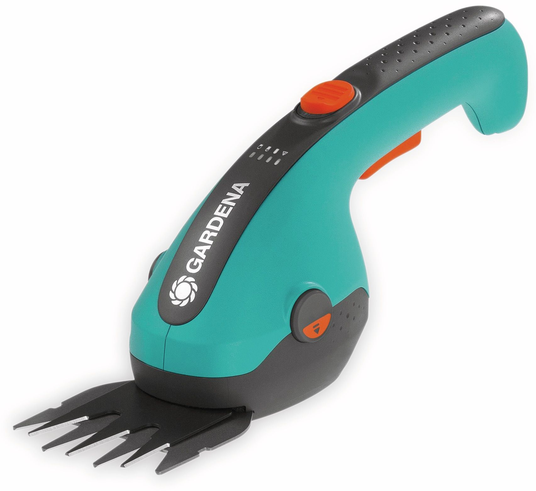 Nożyce do trawy Gardena, turkusowo-czarne, z pomarańczowymi akcentami i ostrzem.
