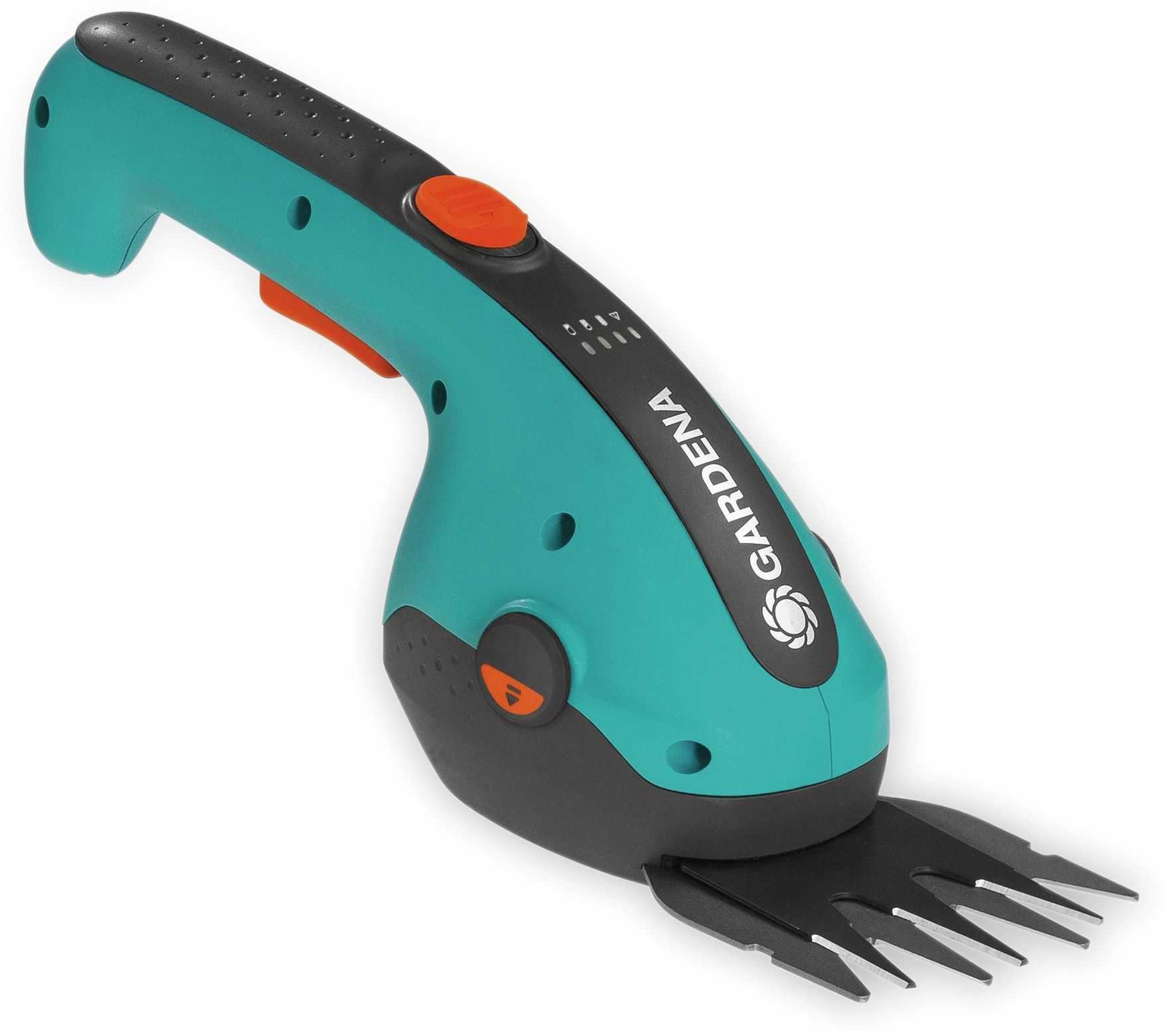 Turkusowo-szara elektryczna nożyca do żywopłotu z pomarańczowym przyciskiem, marka Gardena.