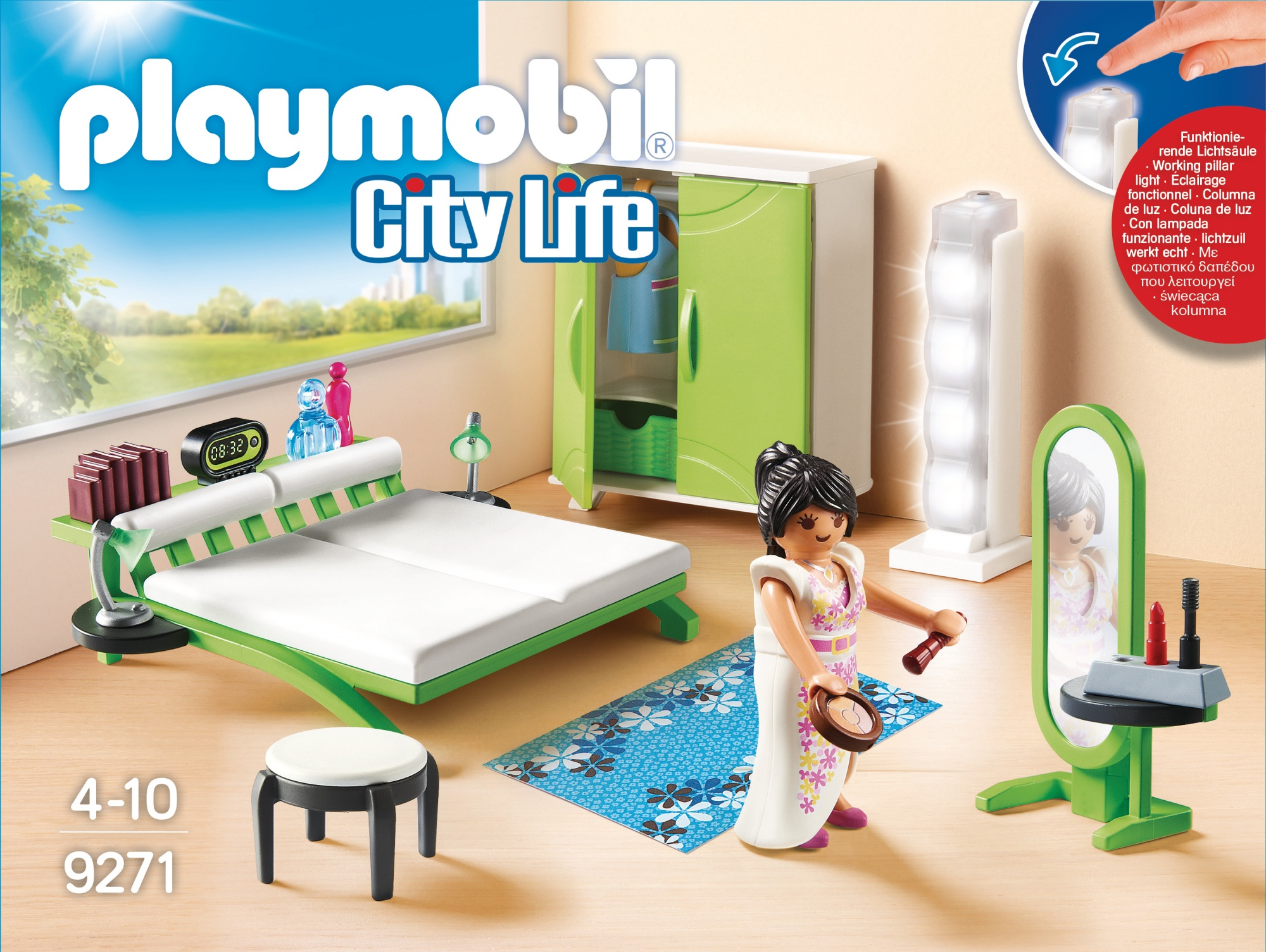 Playmobil City Life Schlafzimmer Szene mit Möbeln und Frau.