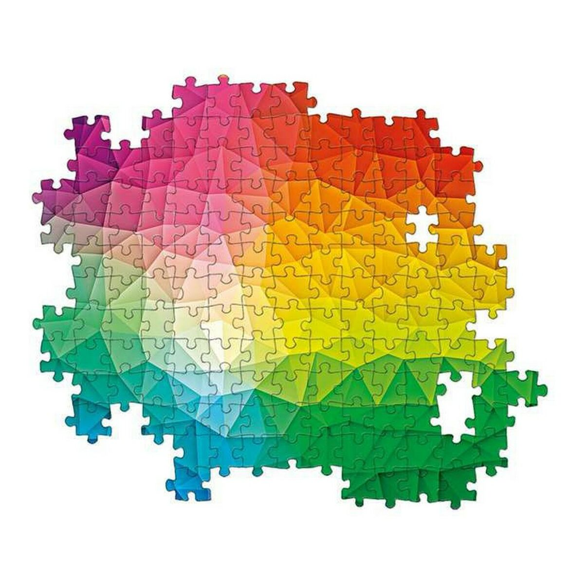 Ukończone puzzle z tęczą kolorów w geometrycznym wzorze.