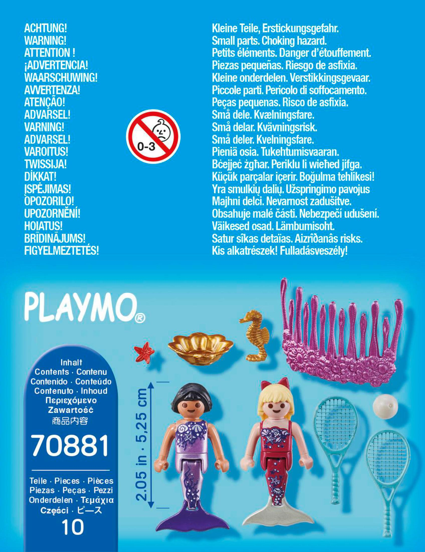 Set Playmobil. Due sirene con racchette da tennis e un cavalluccio marino. Sono visibili anche una palla bianca e coralli.