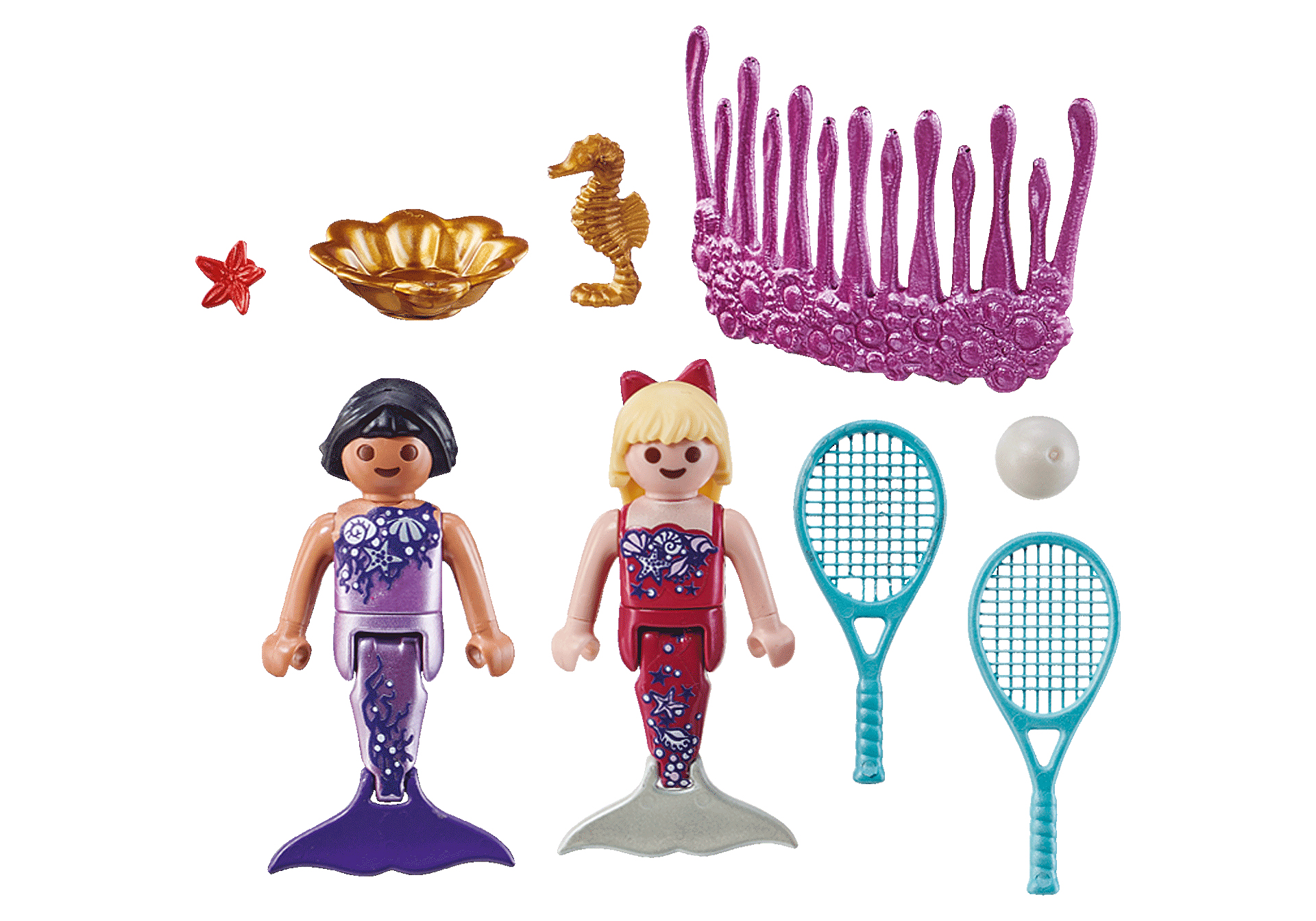 Set Playmobil. Due sirene con racchette da tennis e un cavalluccio marino. Sono visibili anche una palla bianca e coralli.