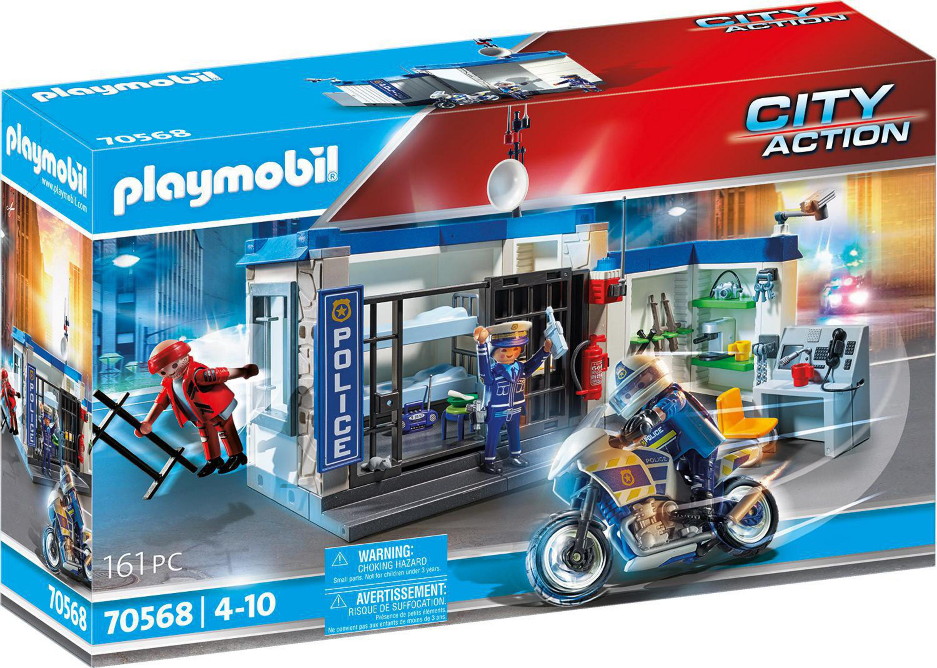 Pudełko z zestawem Playmobil ze stacją policji. Pokazuje posterunek i figurki.