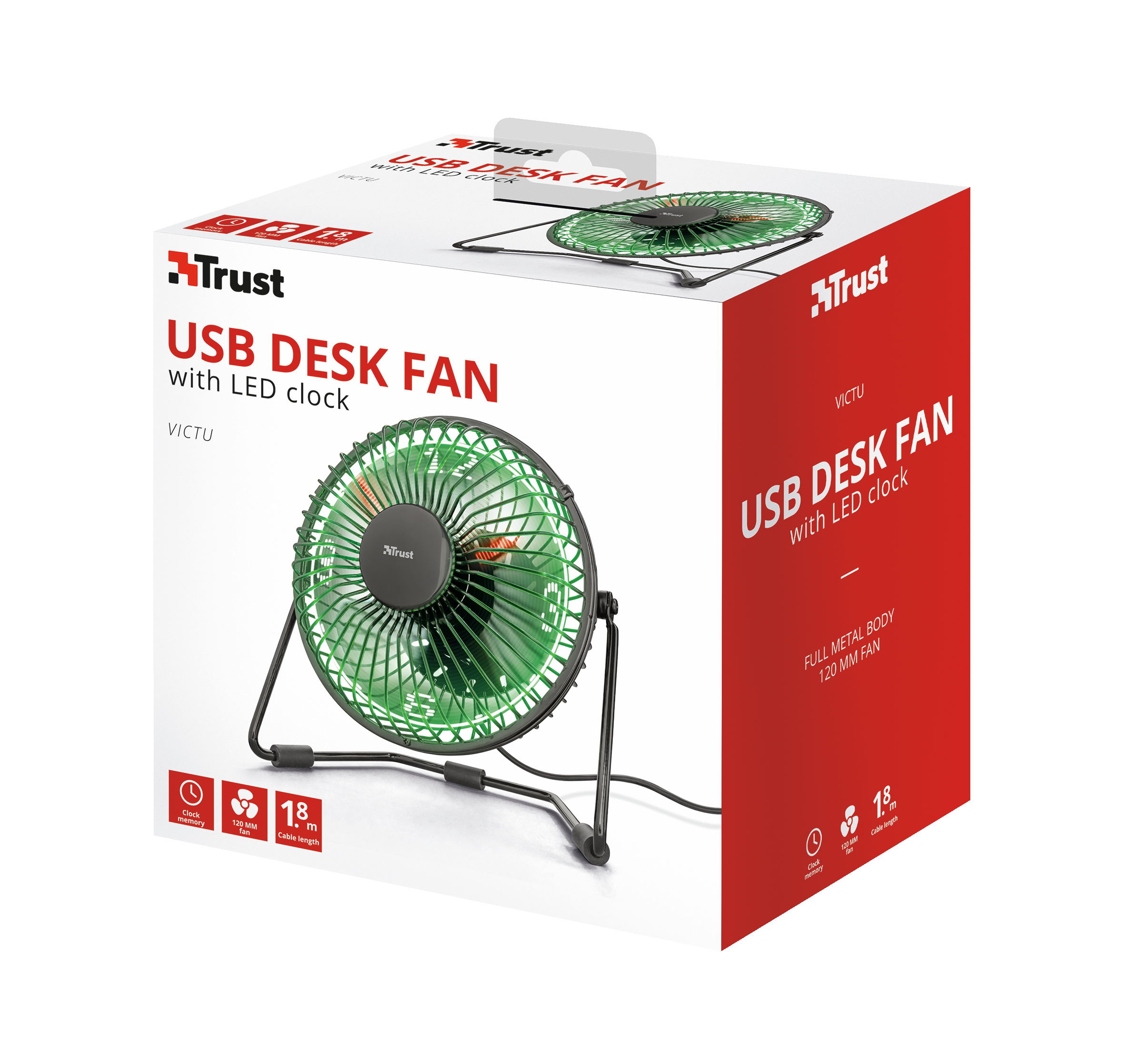 Wentylator biurkowy USB Trust z zielonym wentylatorem, w pudełku.