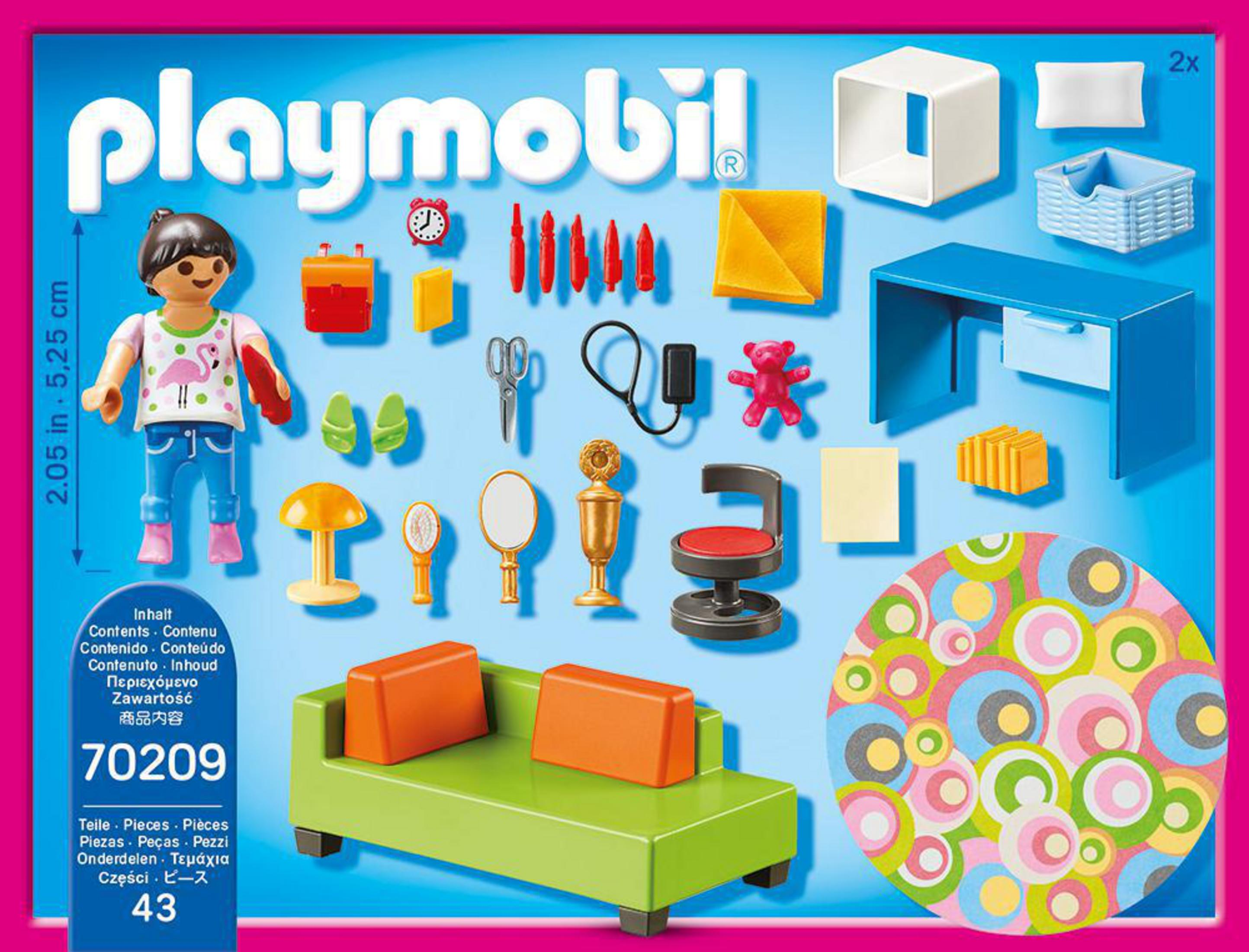 Zestaw Playmobil z lalką, meblami i akcesoriami, wszystko na różowym tle.