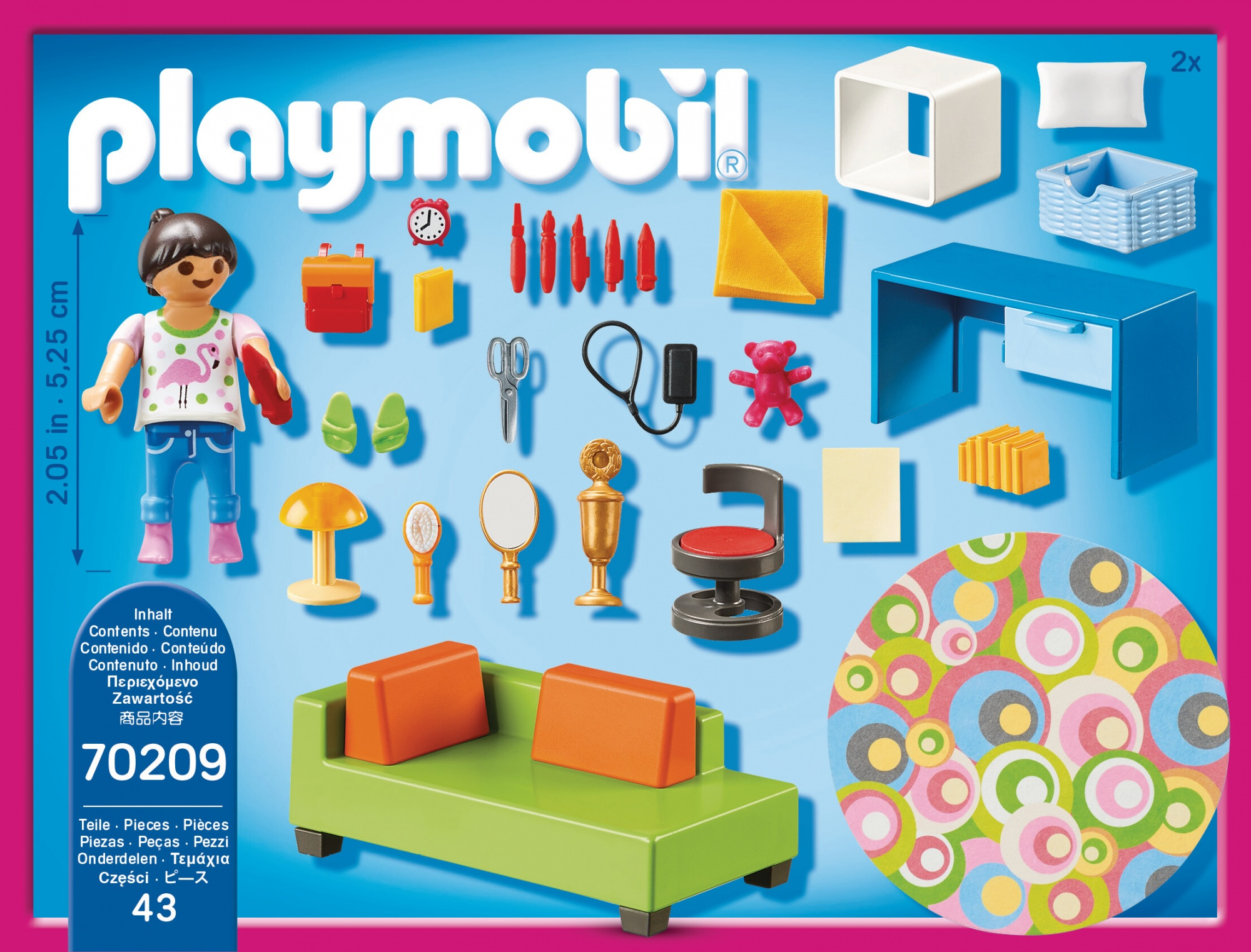 Zestaw Playmobil z lalką, meblami i akcesoriami, wszystko na różowym tle.