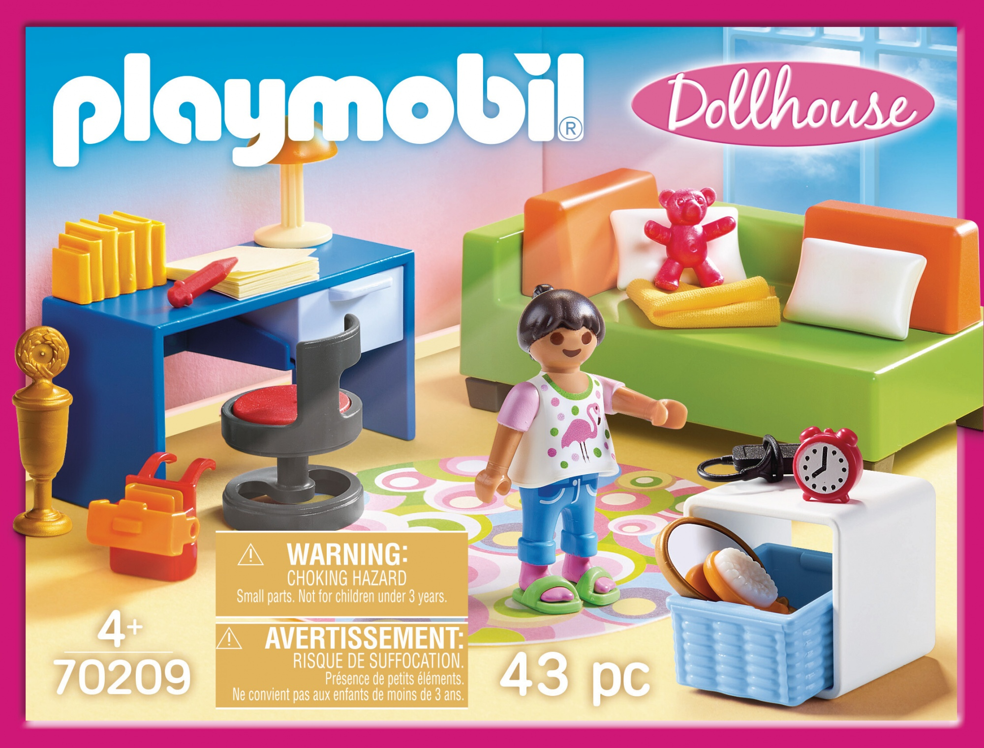 Zestaw domek dla lalek Playmobil z lalką, meblami i akcesoriami, na różowym tle.