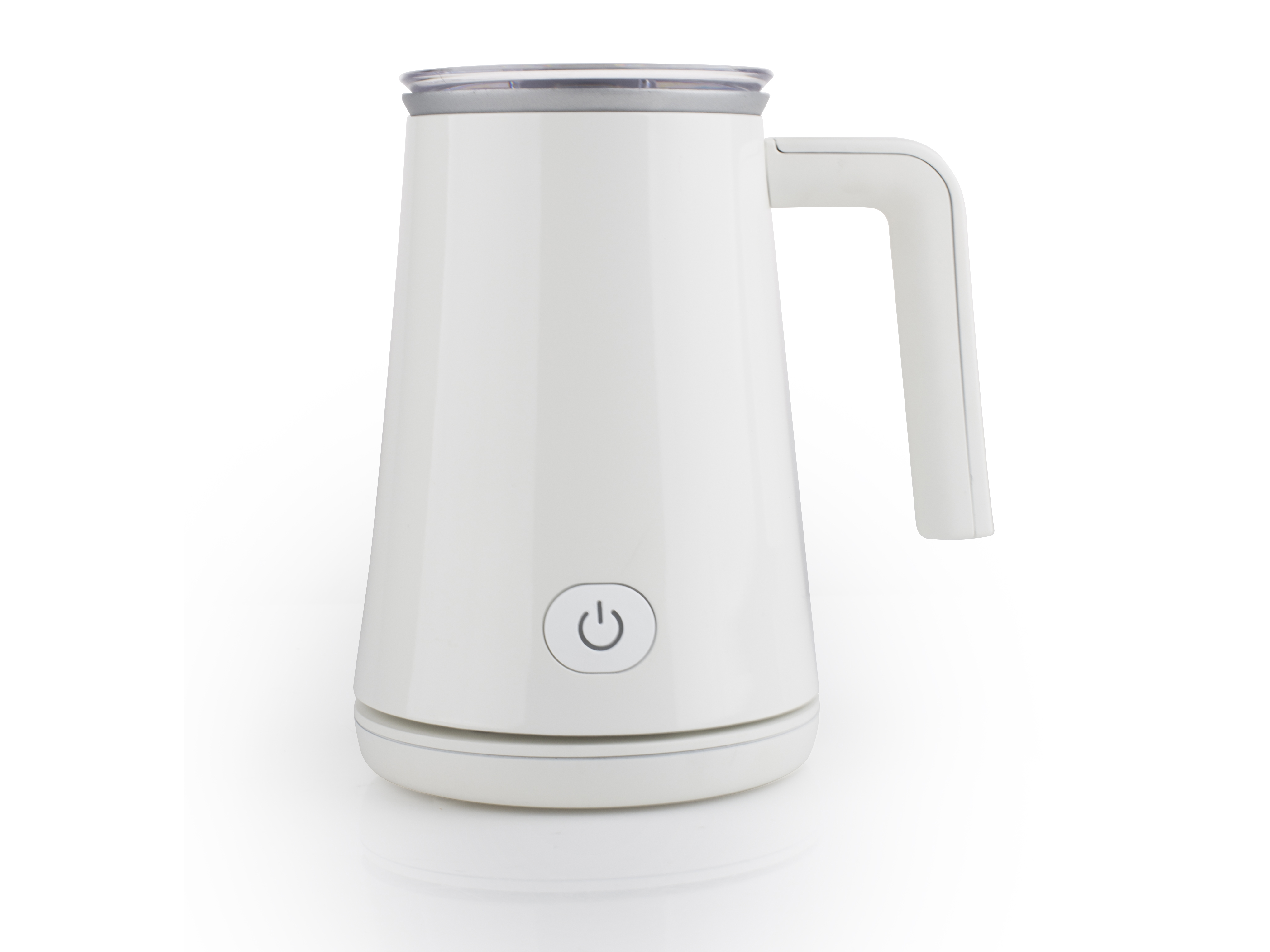 Weißer elektrischer Milchaufschäumer mit Ein-/Aus-Taste, Griff und grauem Deckel.