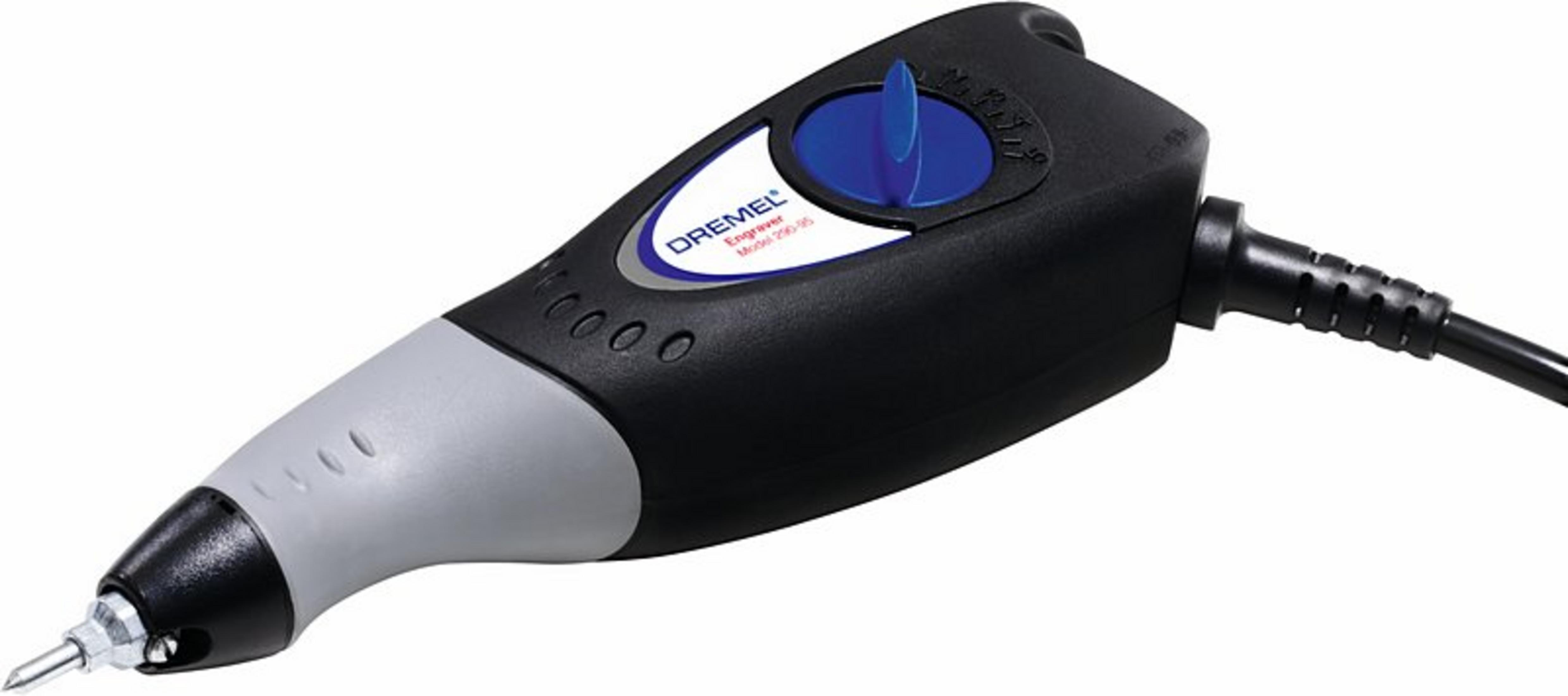 Ein schwarz-graues Dremel Gravierwerkzeug mit blauem Steuerdrehknopf.