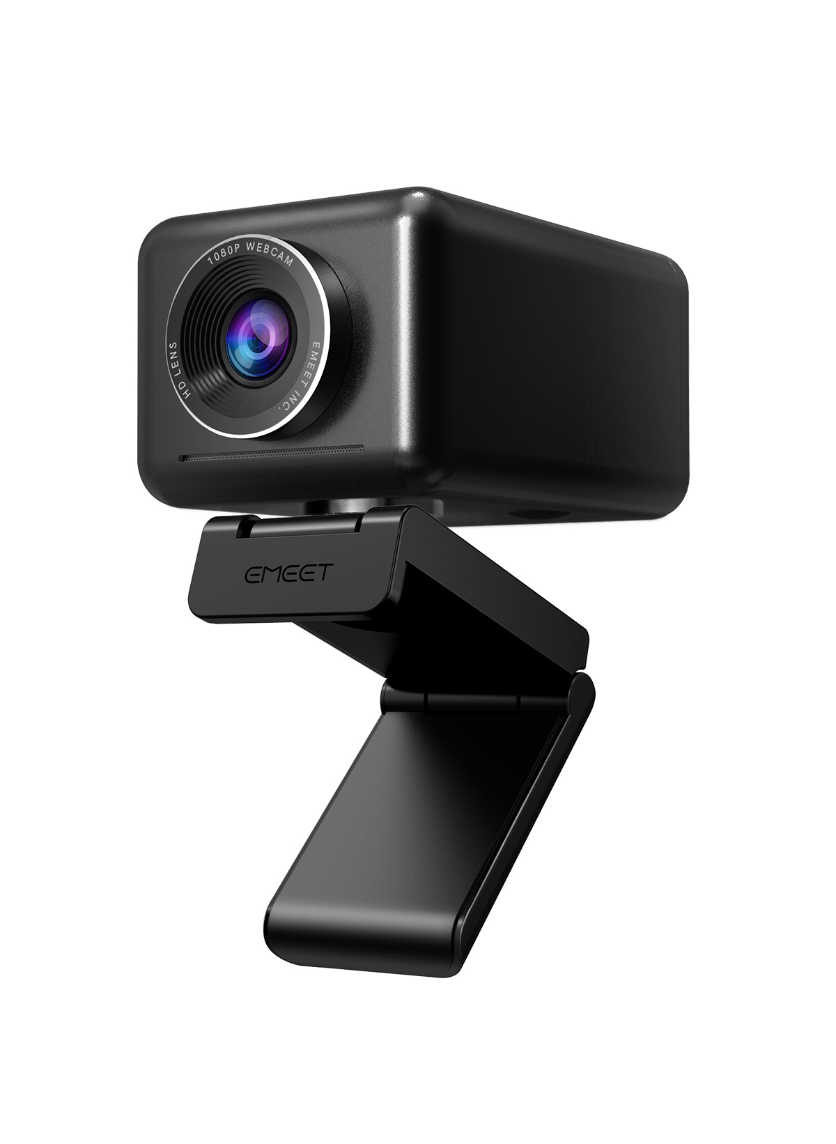 Schwarze Webcam mit Linse, an einem Ständer befestigt. Sie befindet sich auf weißem Hintergrund.