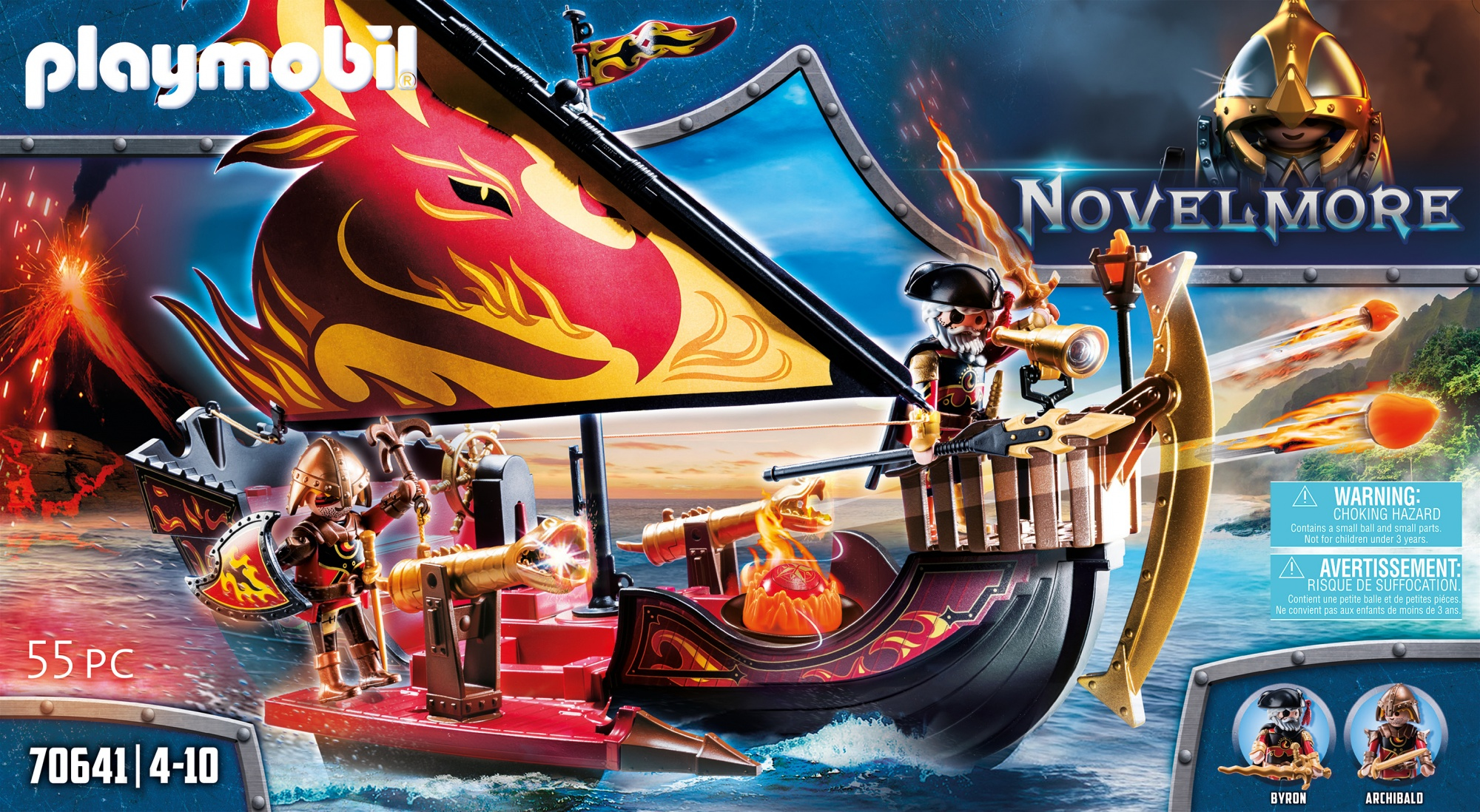 Un juguete de barco pirata Playmobil con cañones disparando y figuras de piratas. El barco tiene un casco rojo y negro.