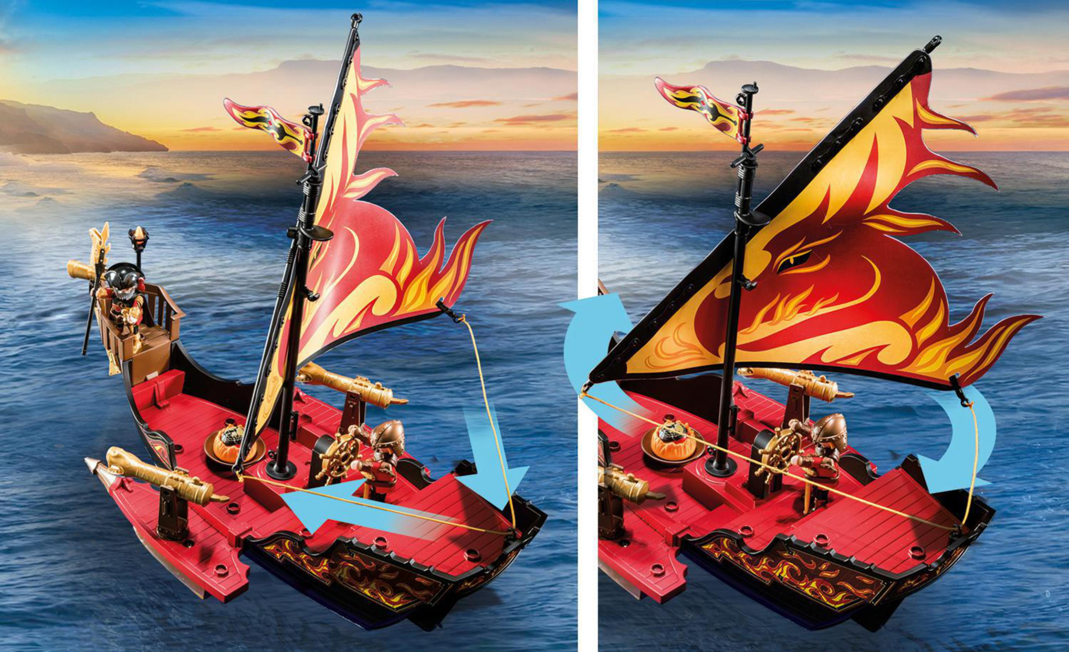 Dos imágenes una al lado de la otra. La vela de un barco pirata rojo en movimiento, mostrando diferentes posiciones. Agua en el fondo.