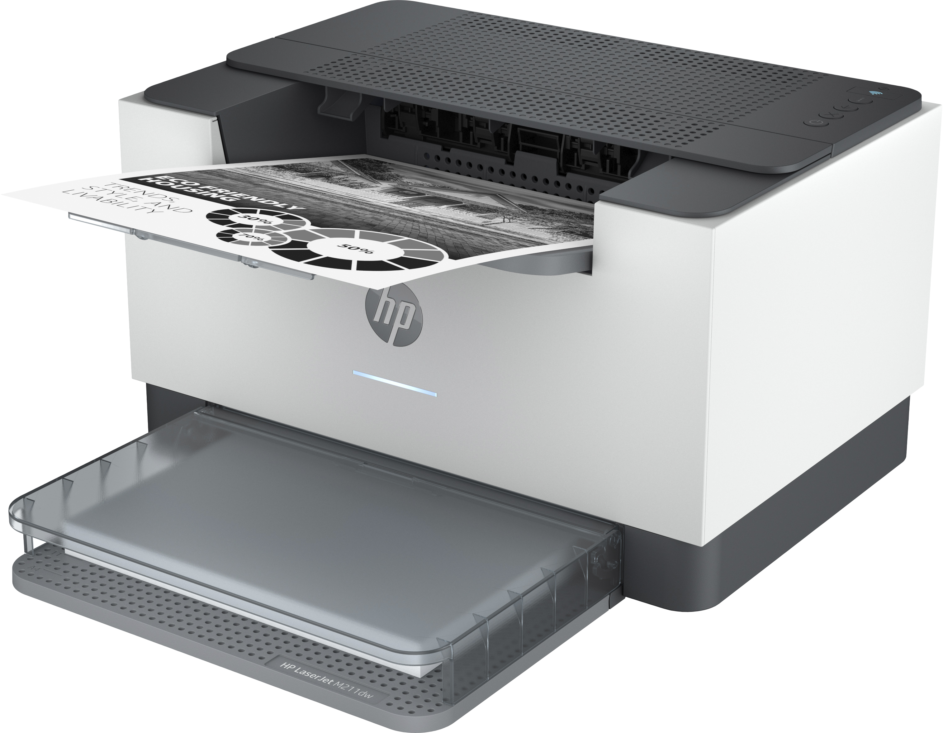 Bir belge yazdıran beyaz ve gri bir HP lazer yazıcı.