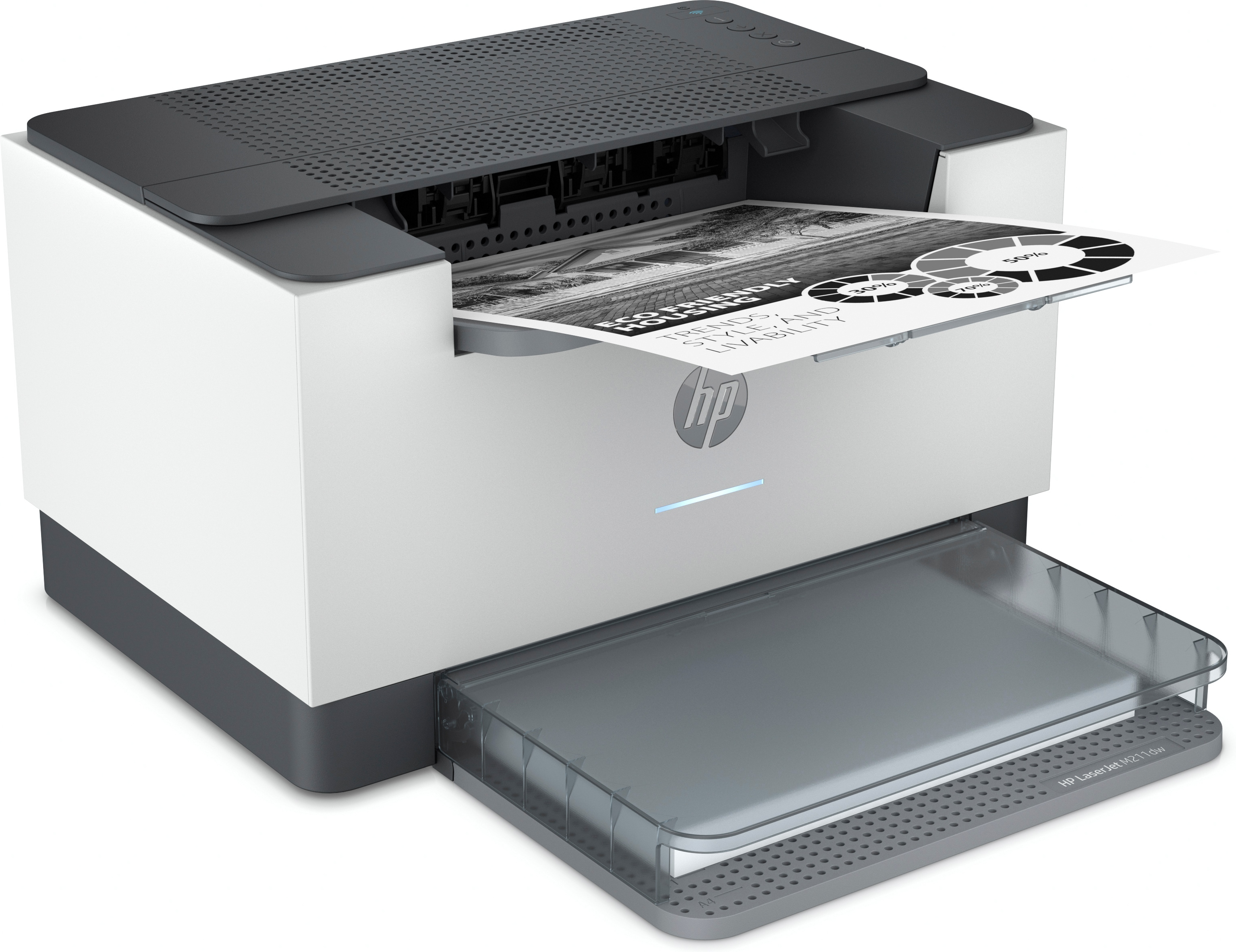 Bir belge yazdıran beyaz ve gri bir HP lazer yazıcı.