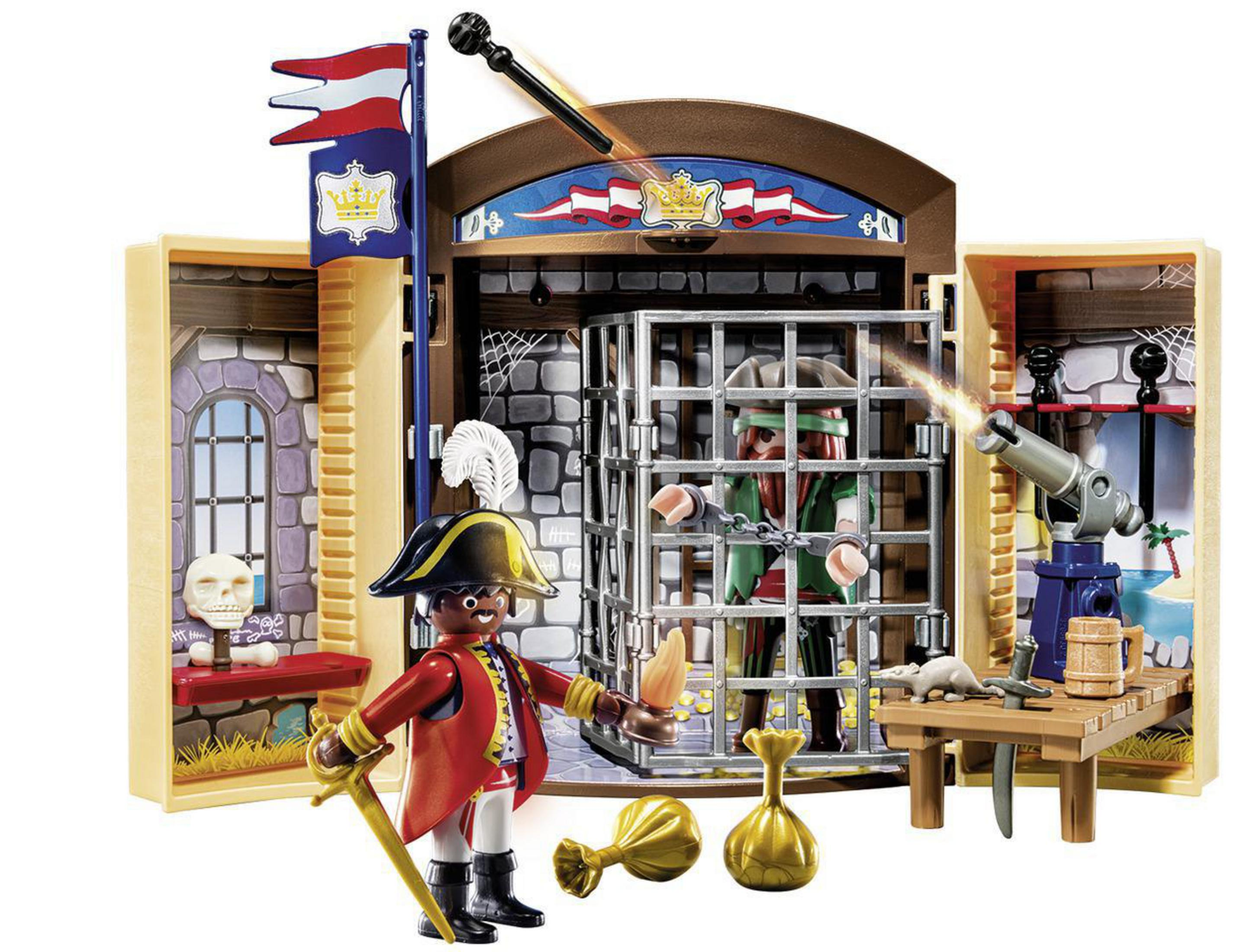 Ein Piraten-Spielset mit Gefängnis, Piratenfiguren, einem Totenkopf und einer Kanone.