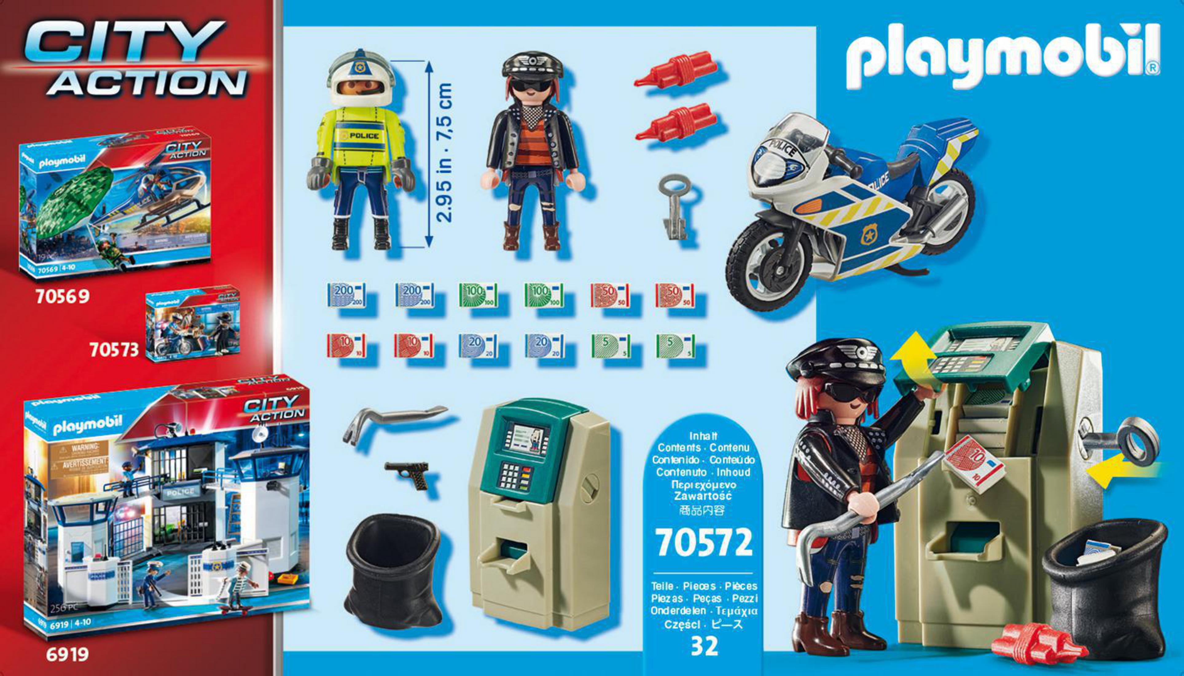 Zestaw policji Playmobil z figurkami, bankomatem, motocyklem i akcesoriami.