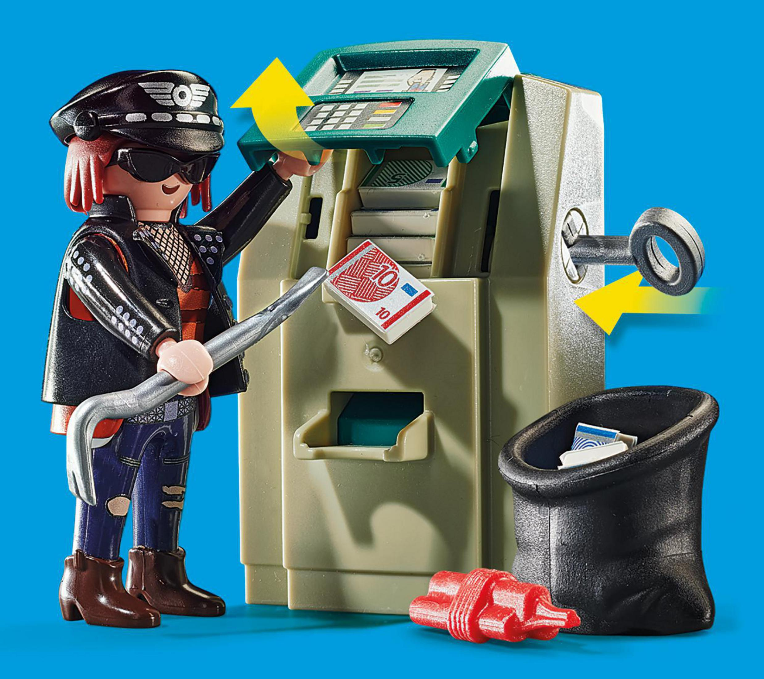 Zestaw Playmobil: złodziej z łomem przy bankomacie, torba na pieniądze i czerwony materiał wybuchowy.