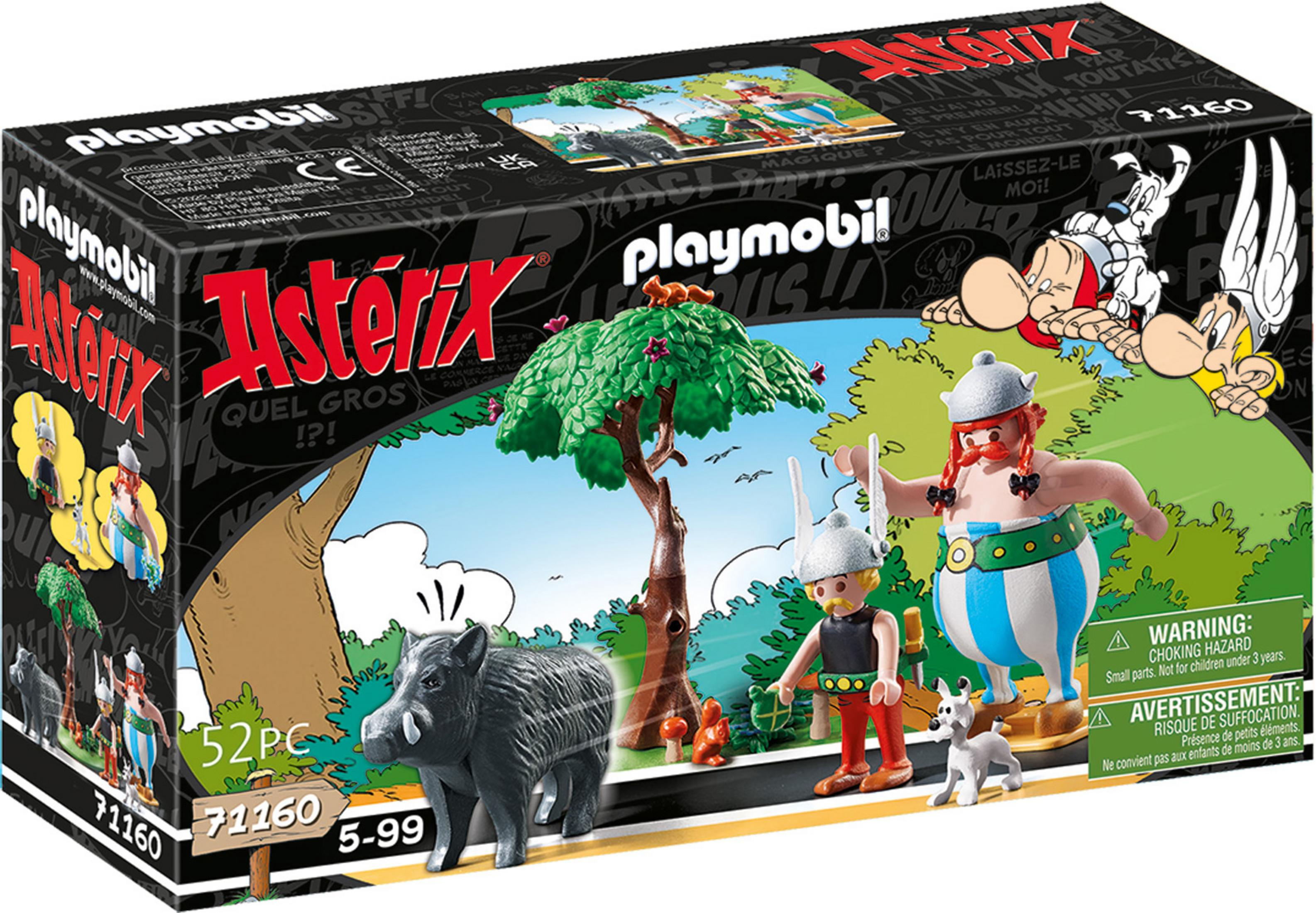 Zestaw Playmobil Asterix z figurkami, dzikiem i drzewem.