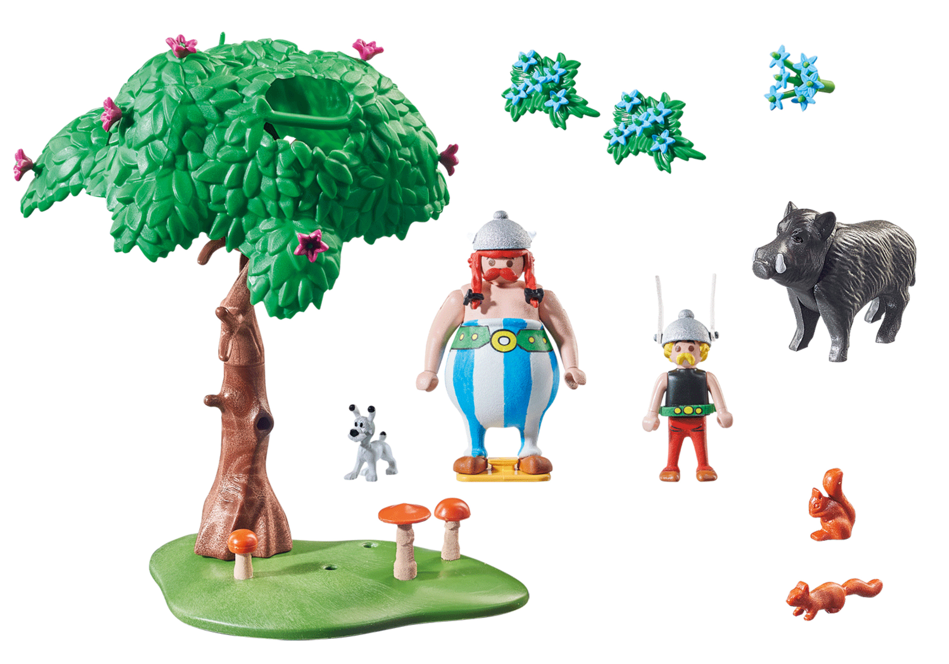 Zestaw Playmobil Asterix z Asterixem, Obelixem, psem, dzikiem, wiewiórką i grzybami.