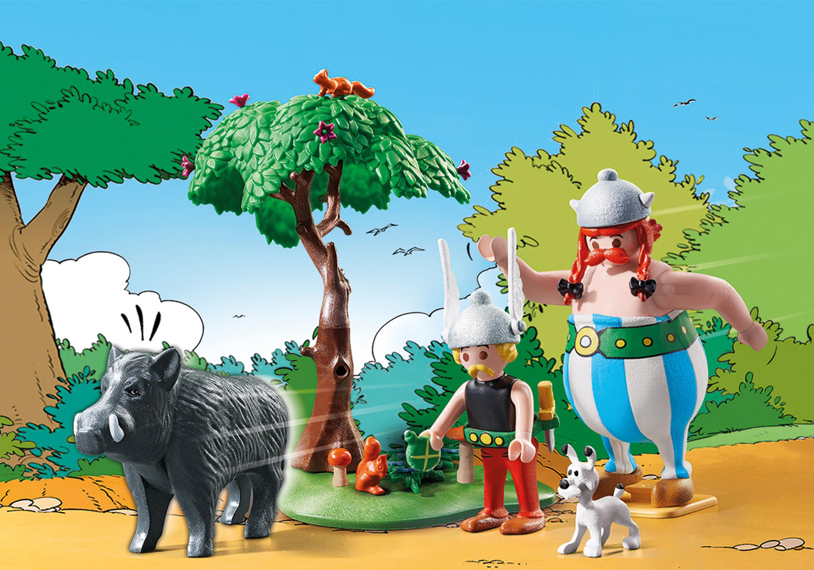Scena Playmobil Asterix z figurkami, dzikiem, drzewem i psem.