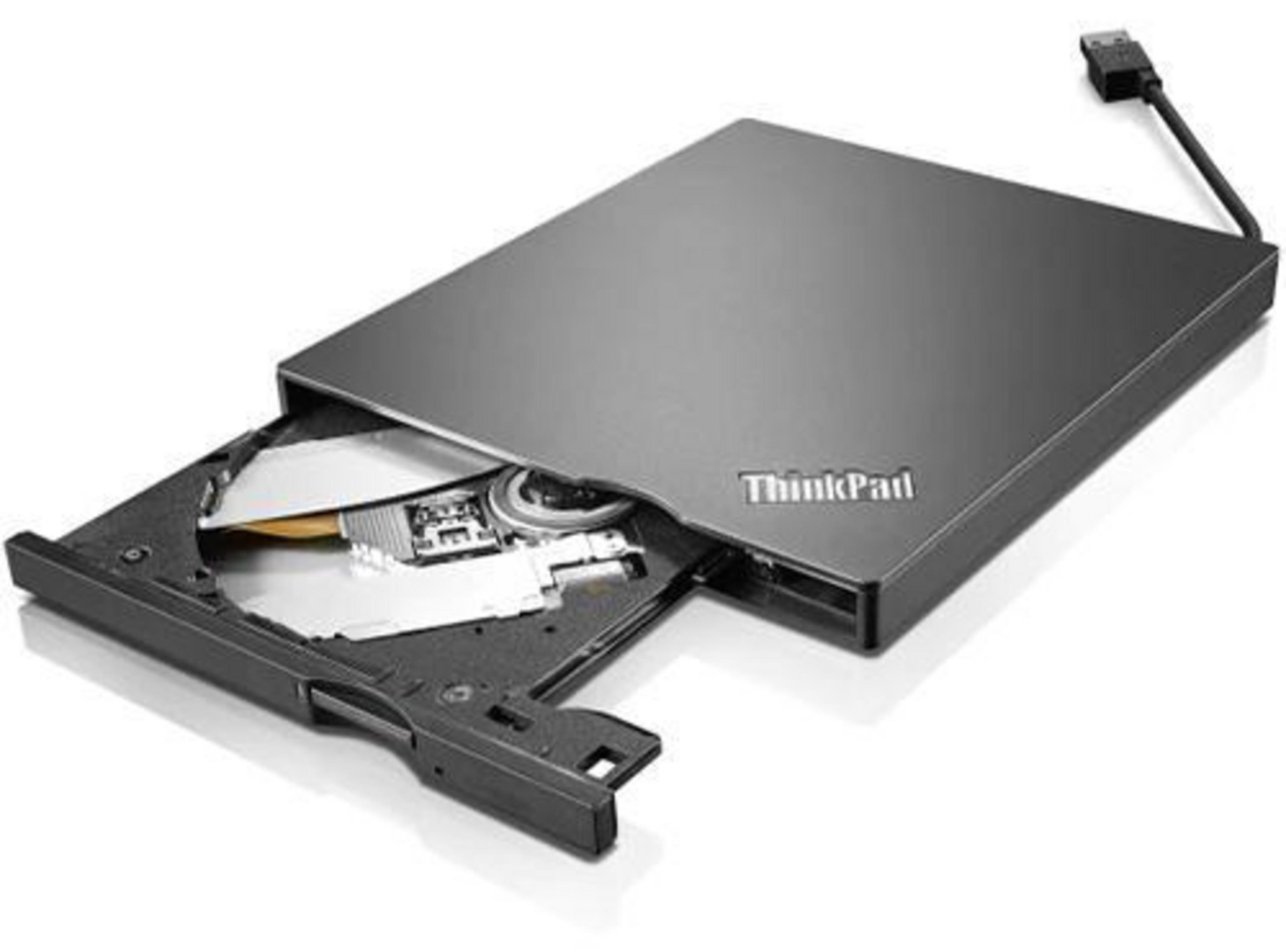 Zewnętrzny napęd DVD ThinkPad, czarny, otwarty, aby pokazać mechanizm napędu.