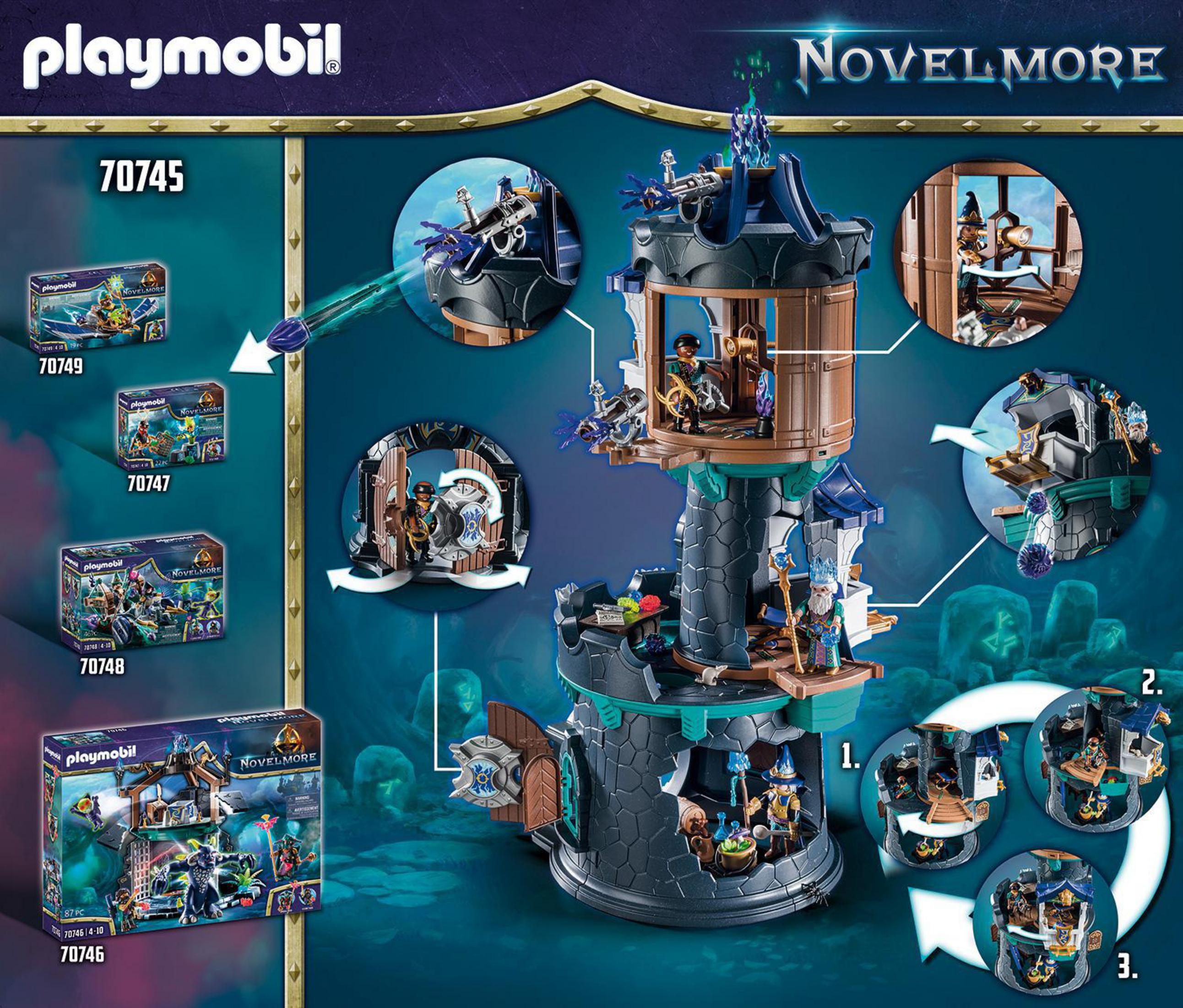 Zestaw zabawek Playmobil Novelmore. Widoczny zamek z figurkami i czarodziejem.