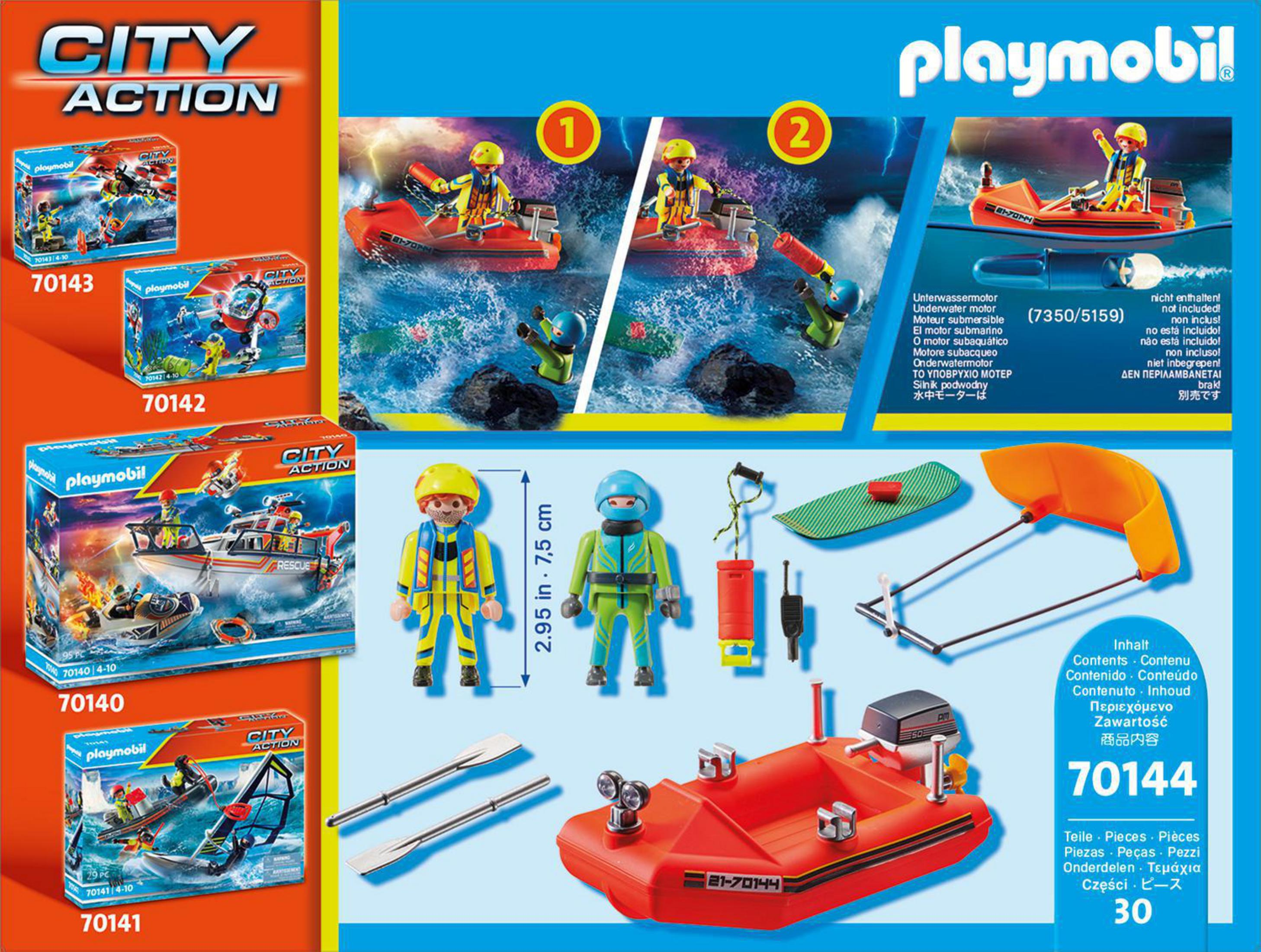 Set di giocattoli Playmobil con una barca e personaggi.