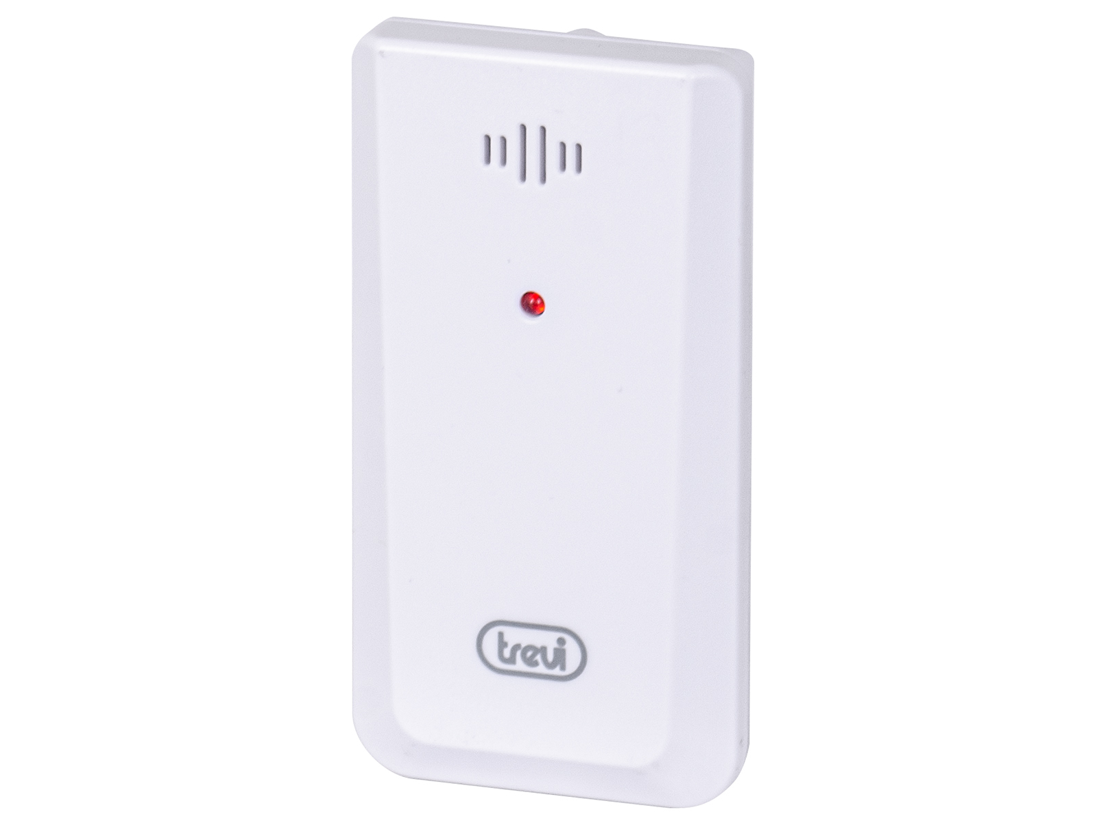 Białe urządzenie z czerwonym światłem i otworami głośnikowymi. Z przodu widnieje napis „trevi”.