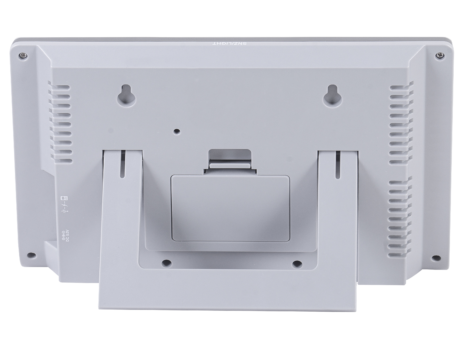 Widok z tyłu szarej stacji pogodowej. Posiada podstawkę i otwory do montażu na ścianie.