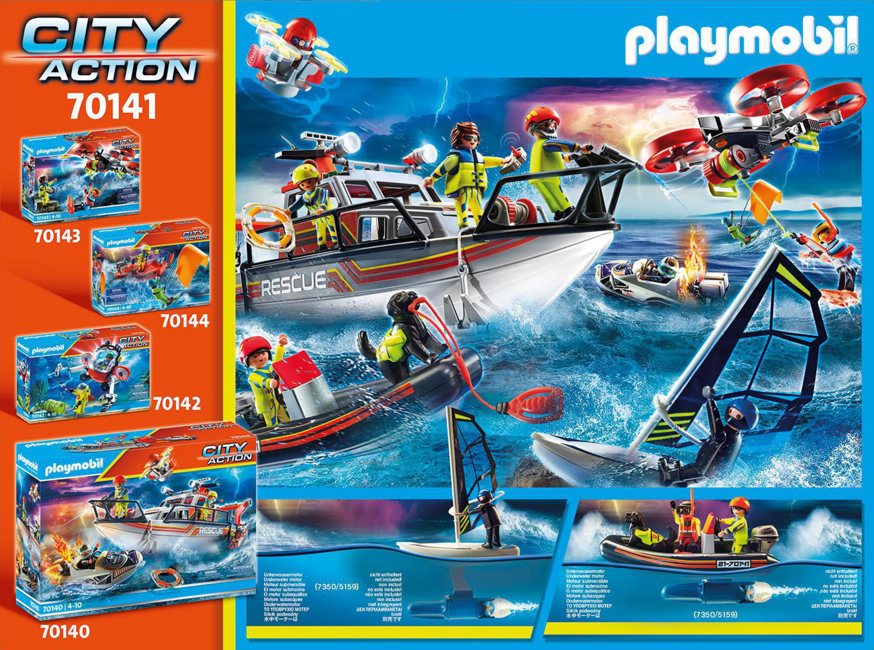 Escena Playmobil City Action. Múltiples botes de rescate, windsurfista, helicóptero y figuras en el agua.