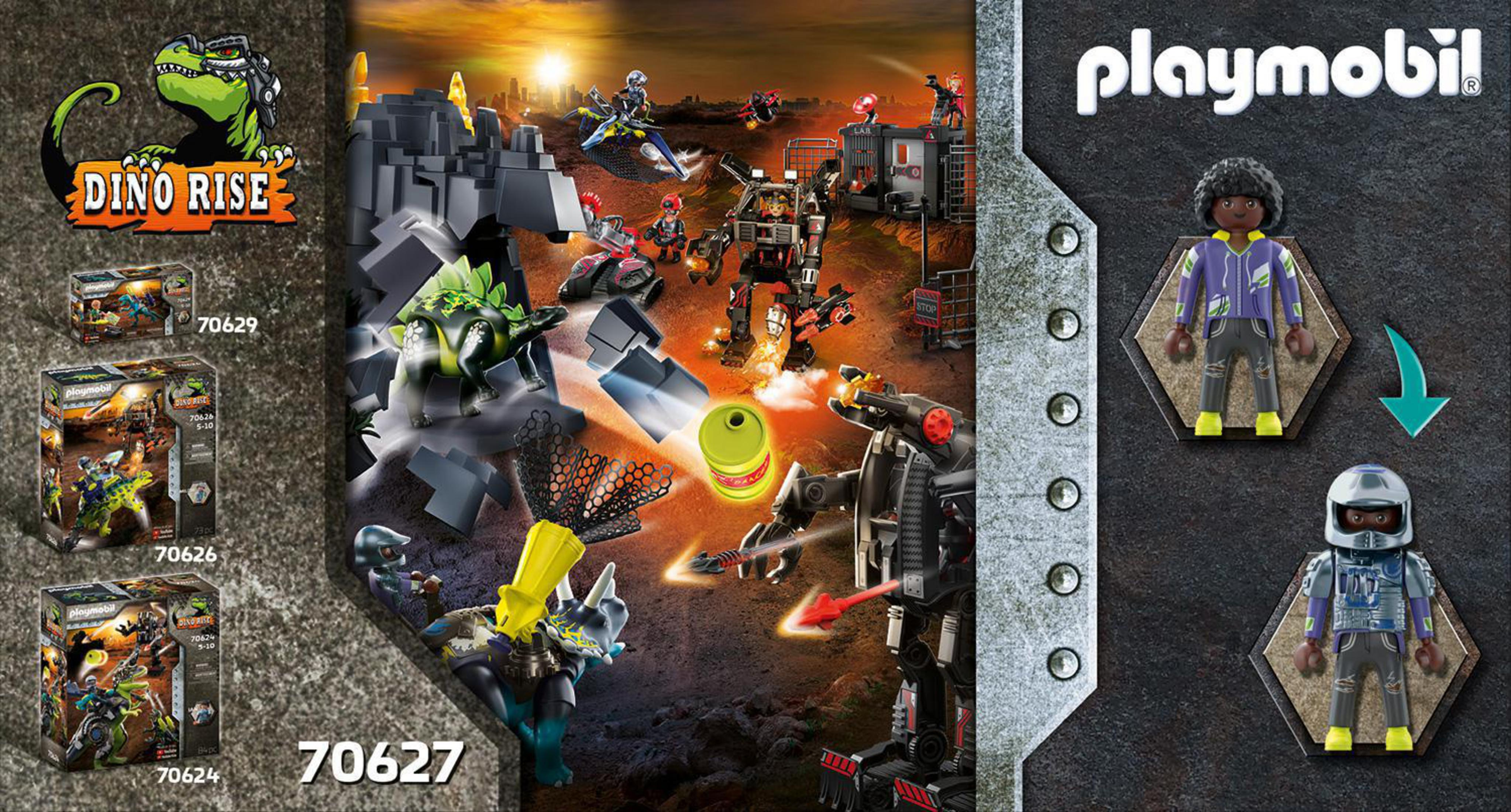 Embalaje del set de juguetes Playmobil Dino Rise con varias escenas con dinosaurios y figuras en acción.
