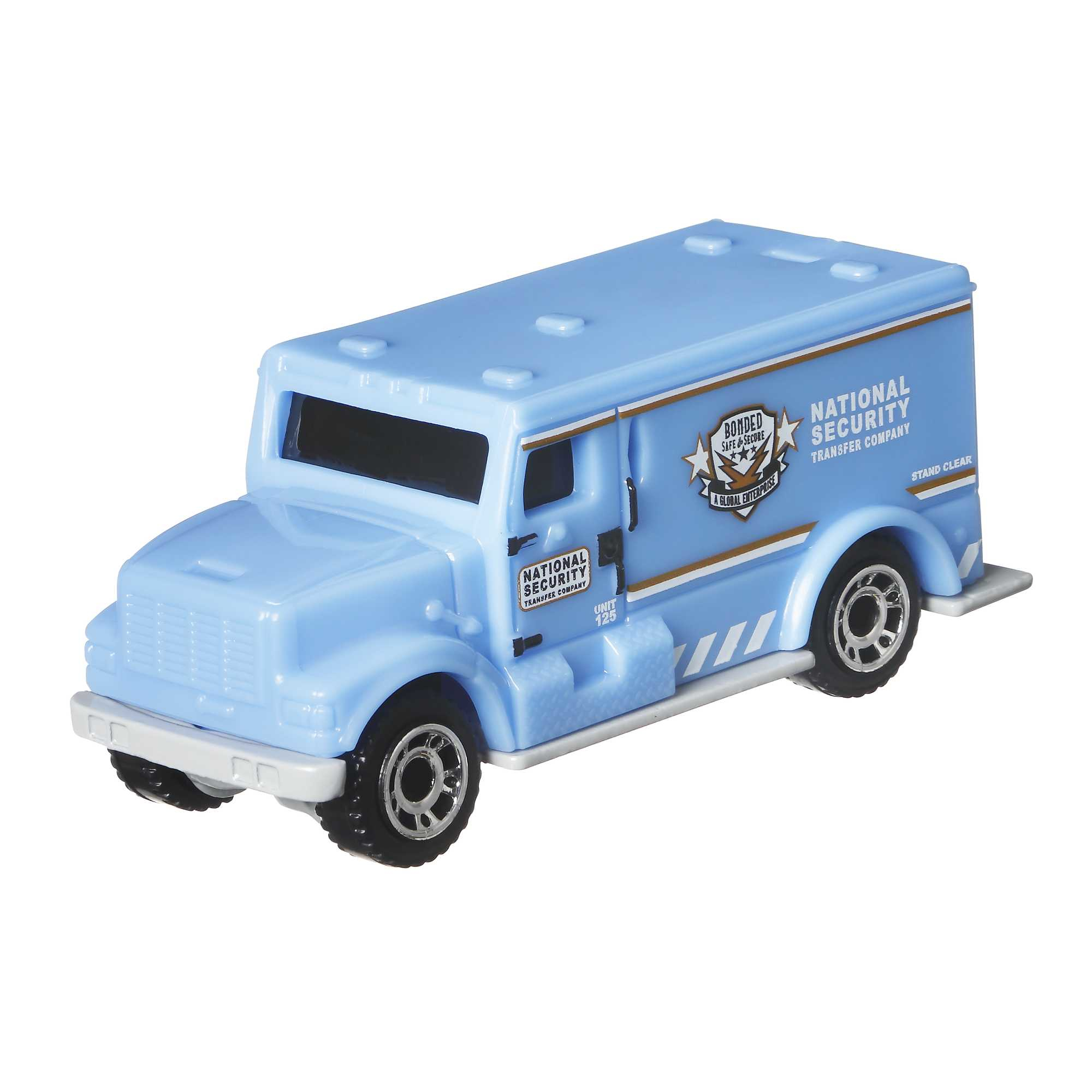 Jasnoniebieska zabawka opancerzona ciężarówka z napisem 'National Security Transfer Company' z boku, na białym tle.