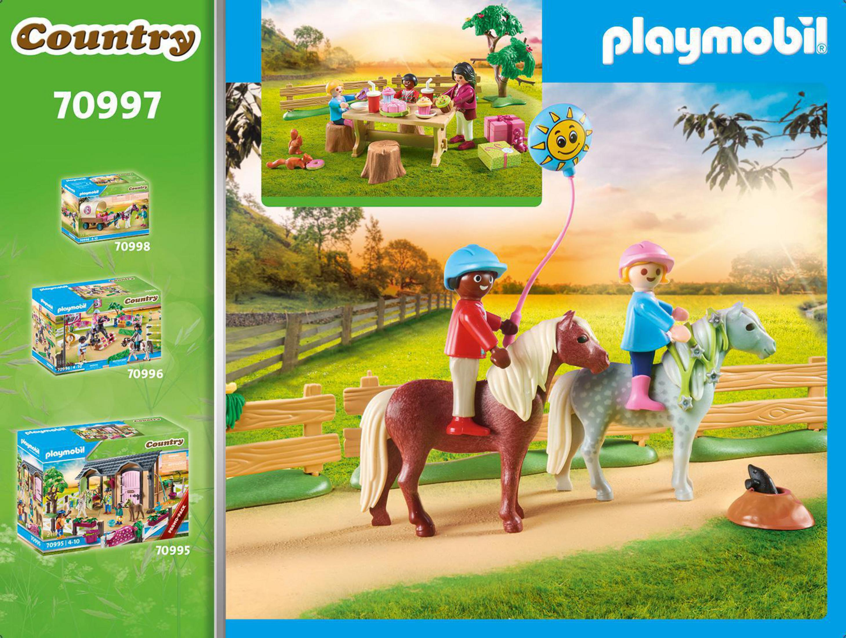 Scena z zestawu Playmobil Country z piknikiem, figurkami i końmi.