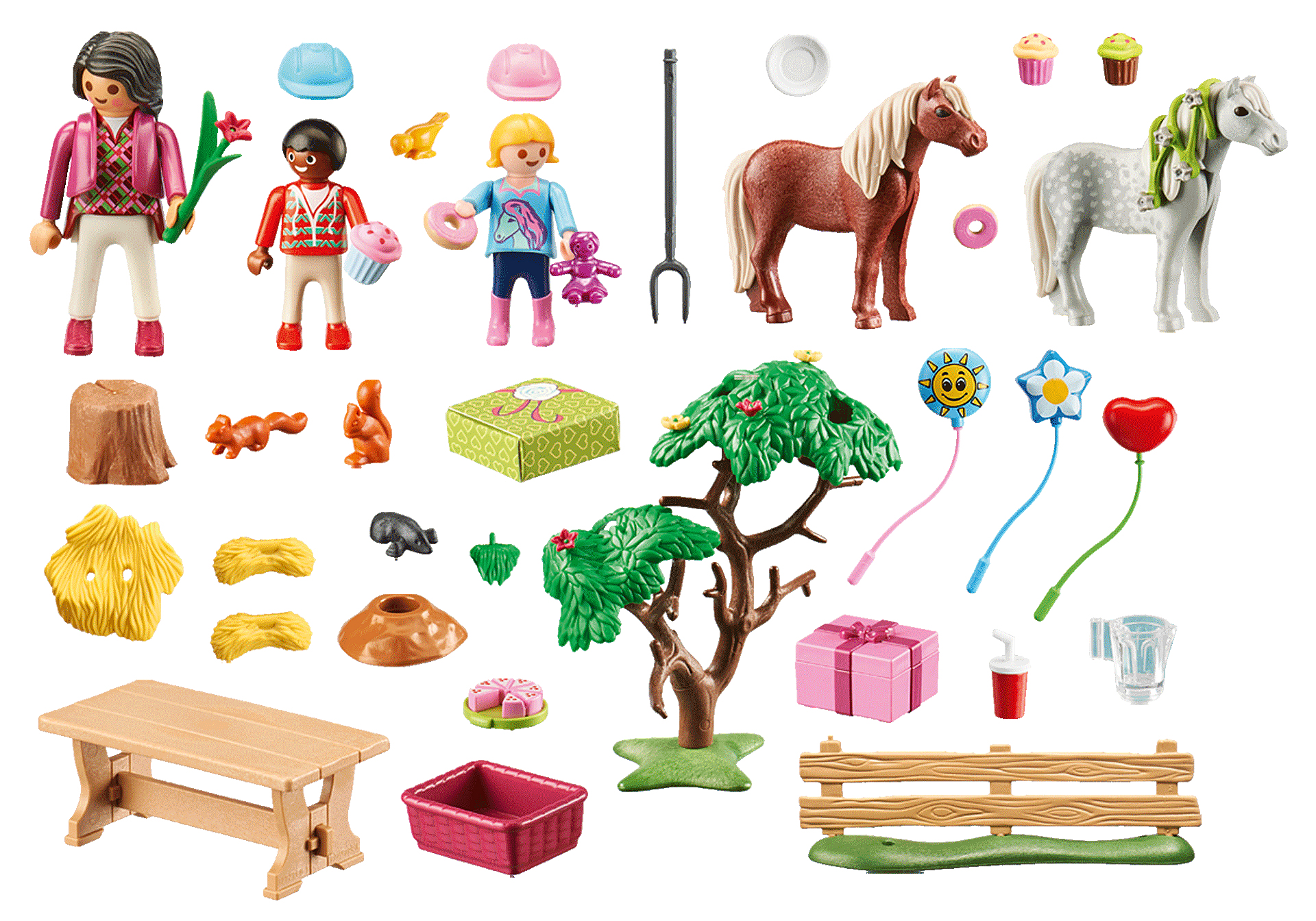 Różne elementy zestawu Playmobil Country. Zawiera figurki, kucyka i przedmioty piknikowe.