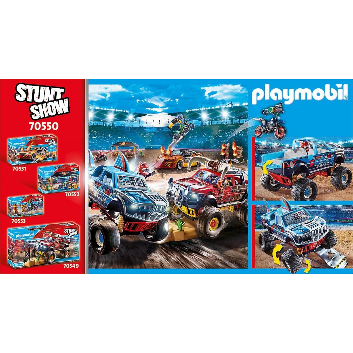Escena de Playmobil Stunt Show con varios camiones monstruo en acción.