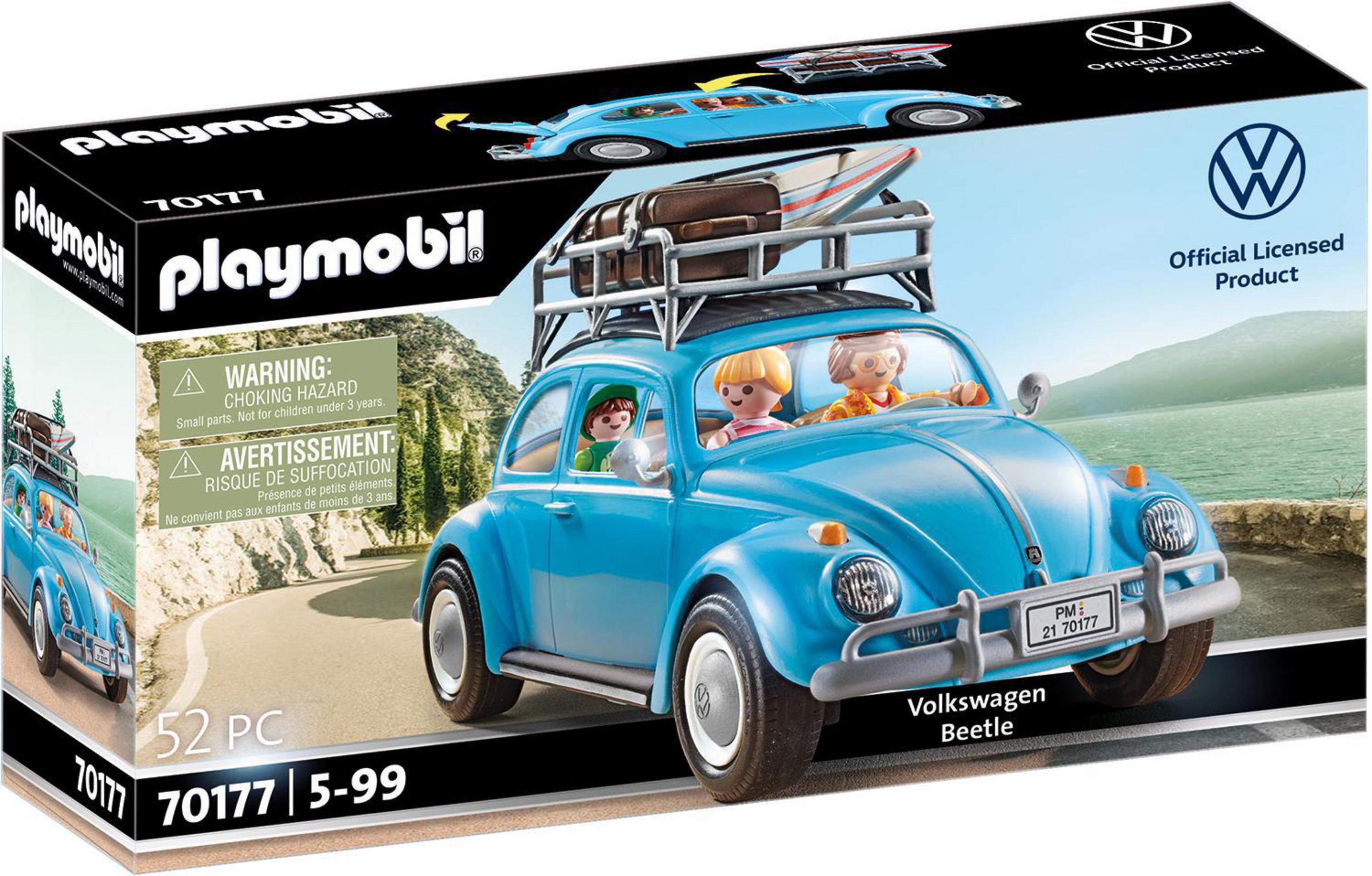 Pudełko z zestawu Playmobil. Niebieski samochodzik z rodziną i bagażem. Volkswagen Beetle.