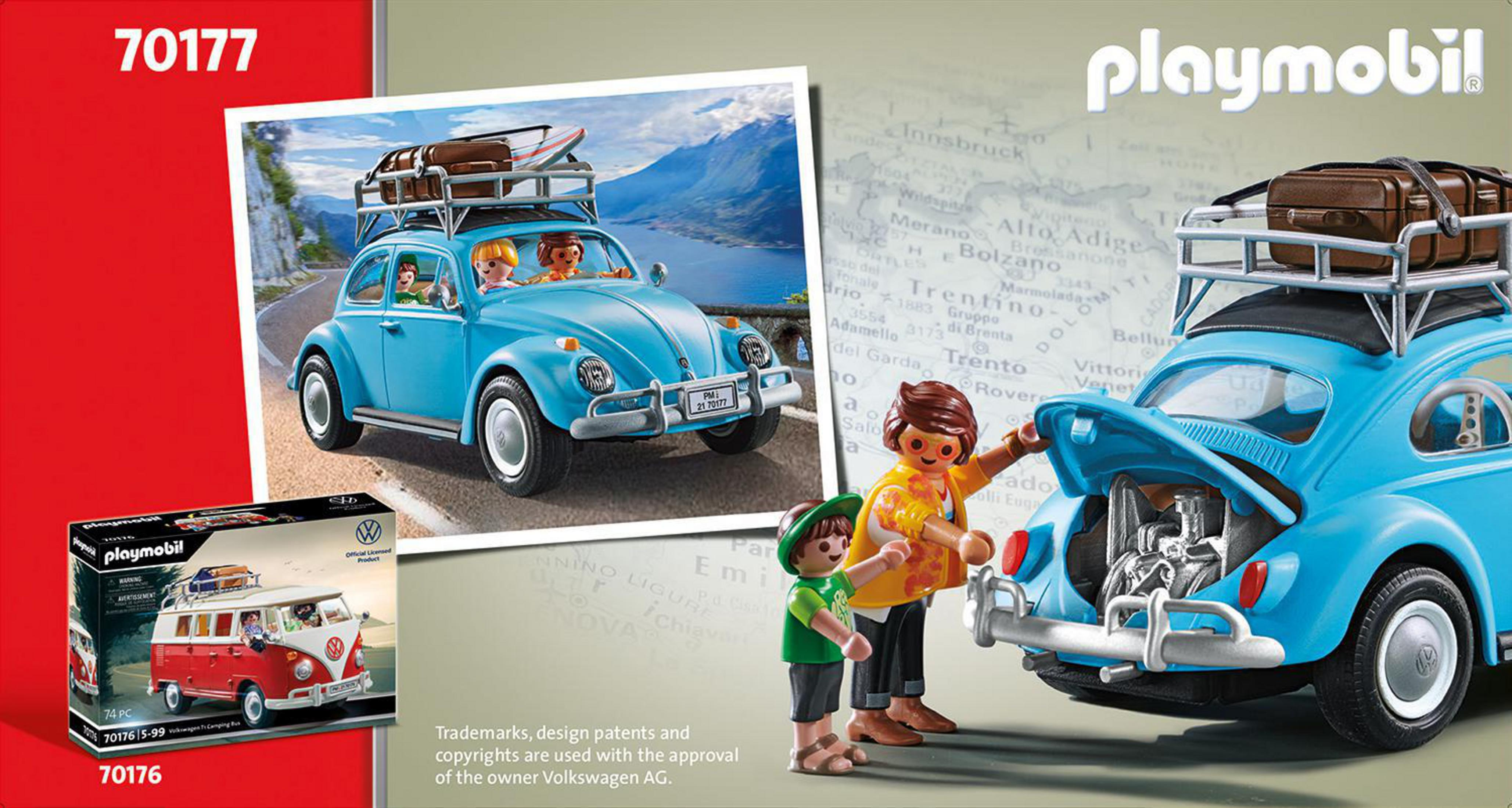 Zestaw Playmobil. Niebieski samochodzik z rodziną i bagażem. Volkswagen Beetle.