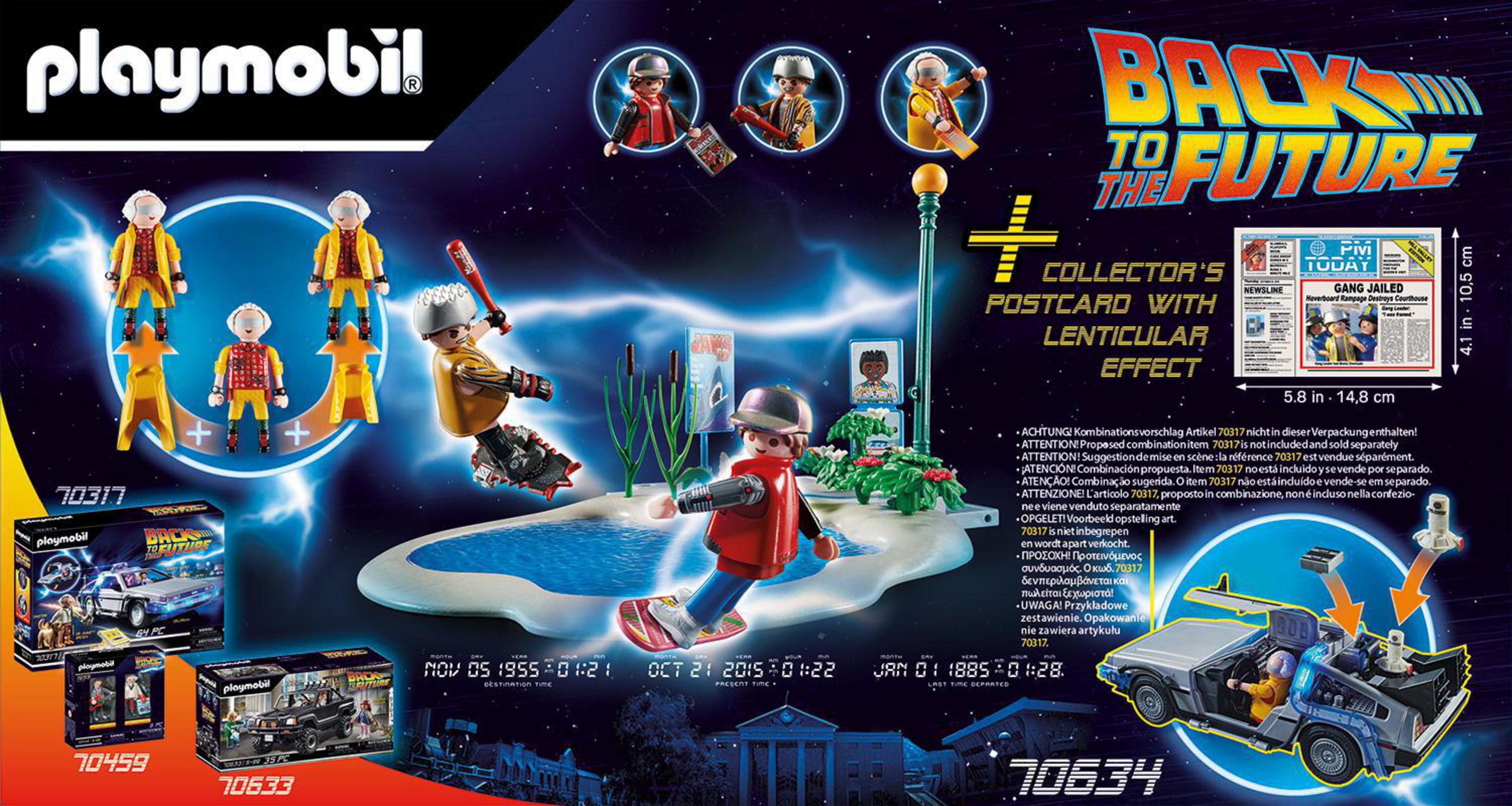 Zestaw Playmobil Powrót do przyszłości z figurkami, DeLoreana i tłem sądu Hill Valley, z plakatem.