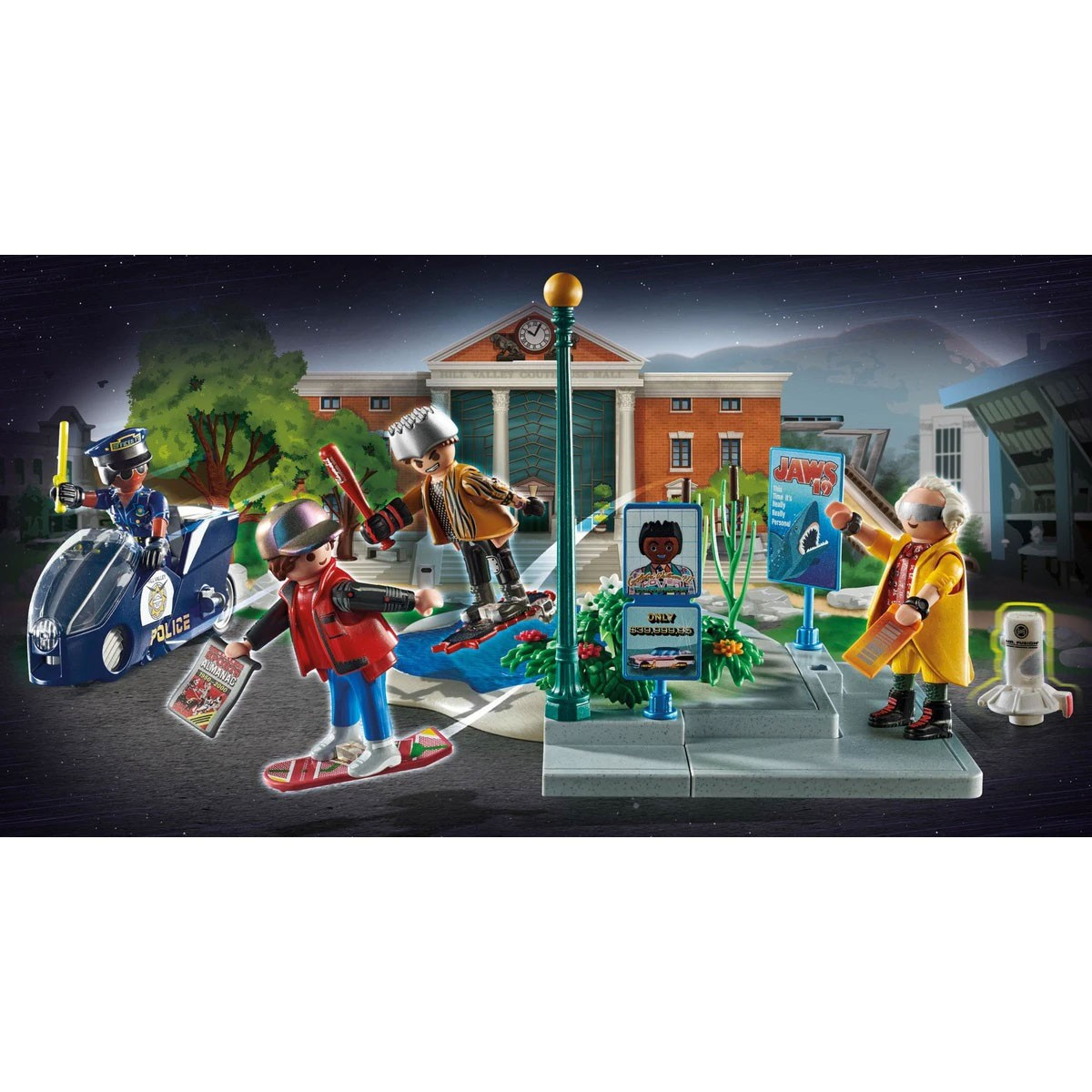 Scena Playmobil Powrót do przyszłości. Figurki i radiowóz. Scena nocna.