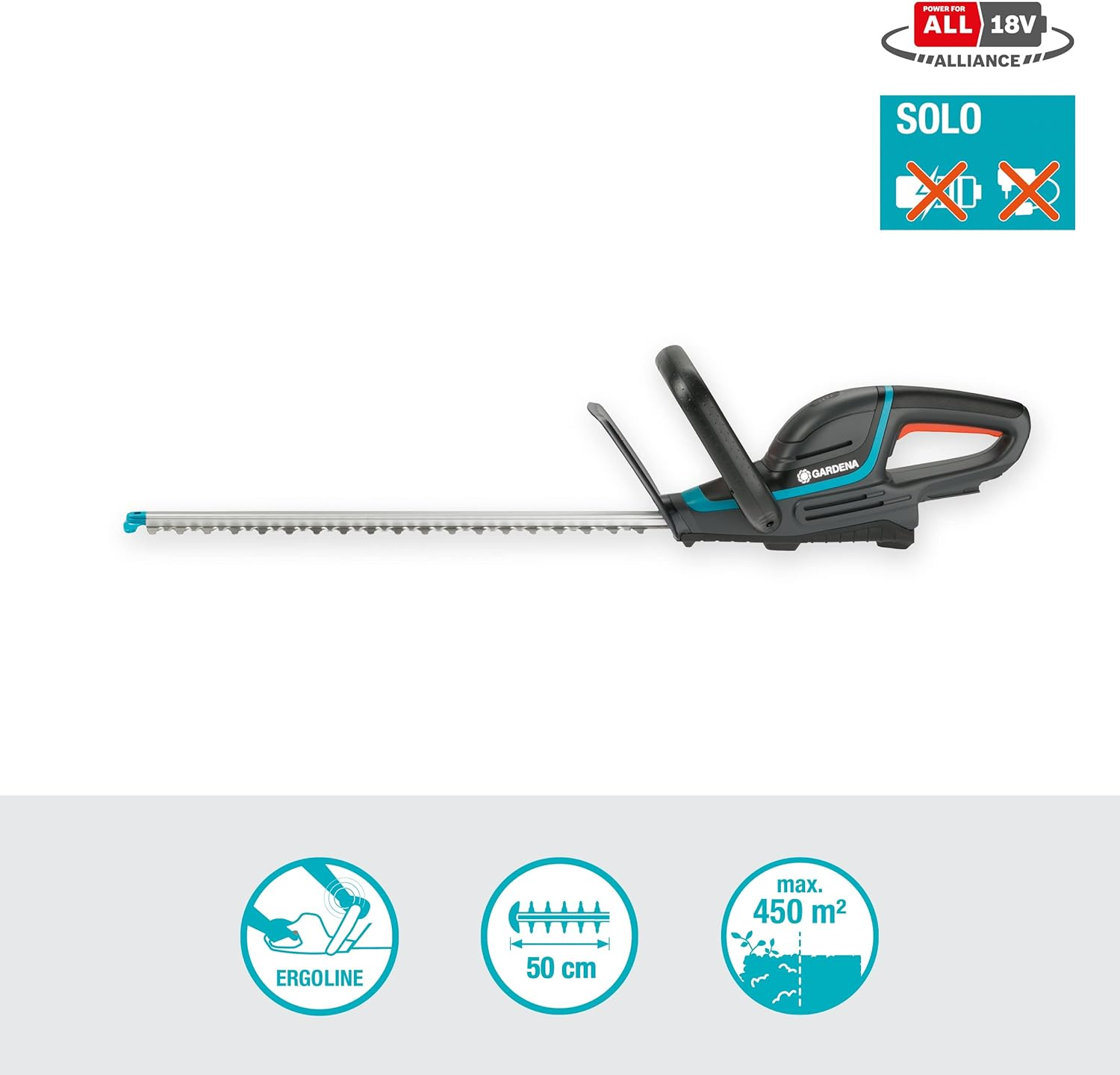 Bezprzewodowy trymer do żywopłotu z czarnym uchwytem i turkusowymi detalami, na białym tle.